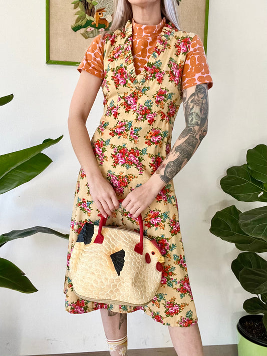 60s Handmade Barkcloth Midi Dress - Small