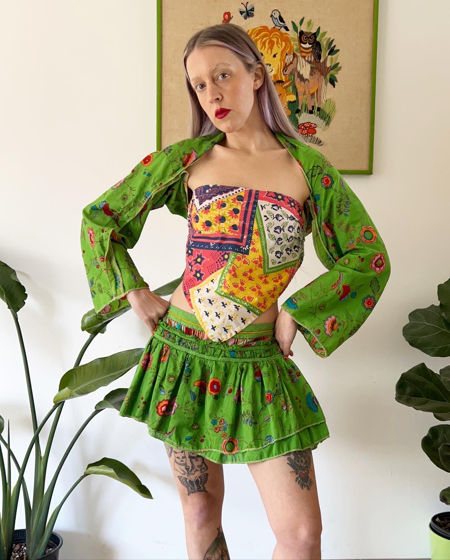 Reworked Green Dream Shawl and Mini Skirt Set