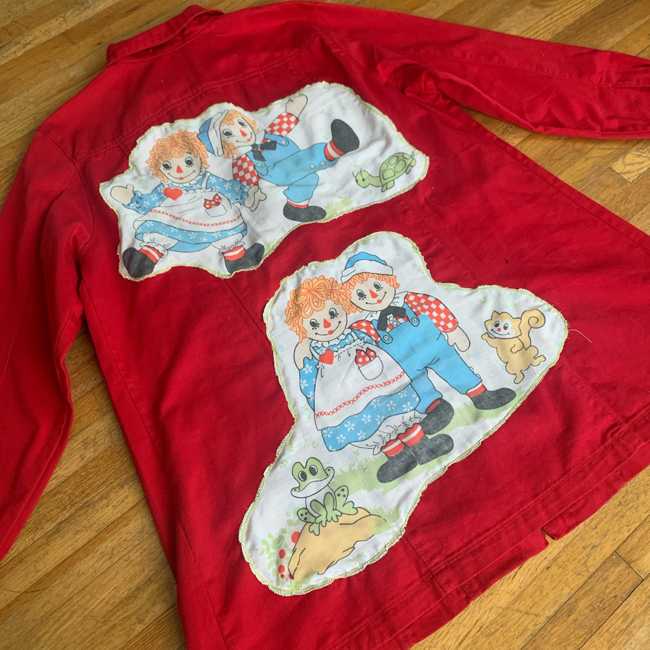 Raggedy Anne Upcycled Red Denim Jacket XL/XXL