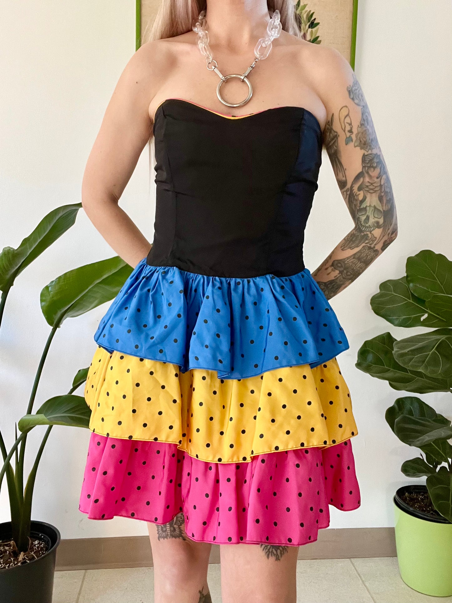 80s PolkaDot Ruffle Mini Dress - S/M