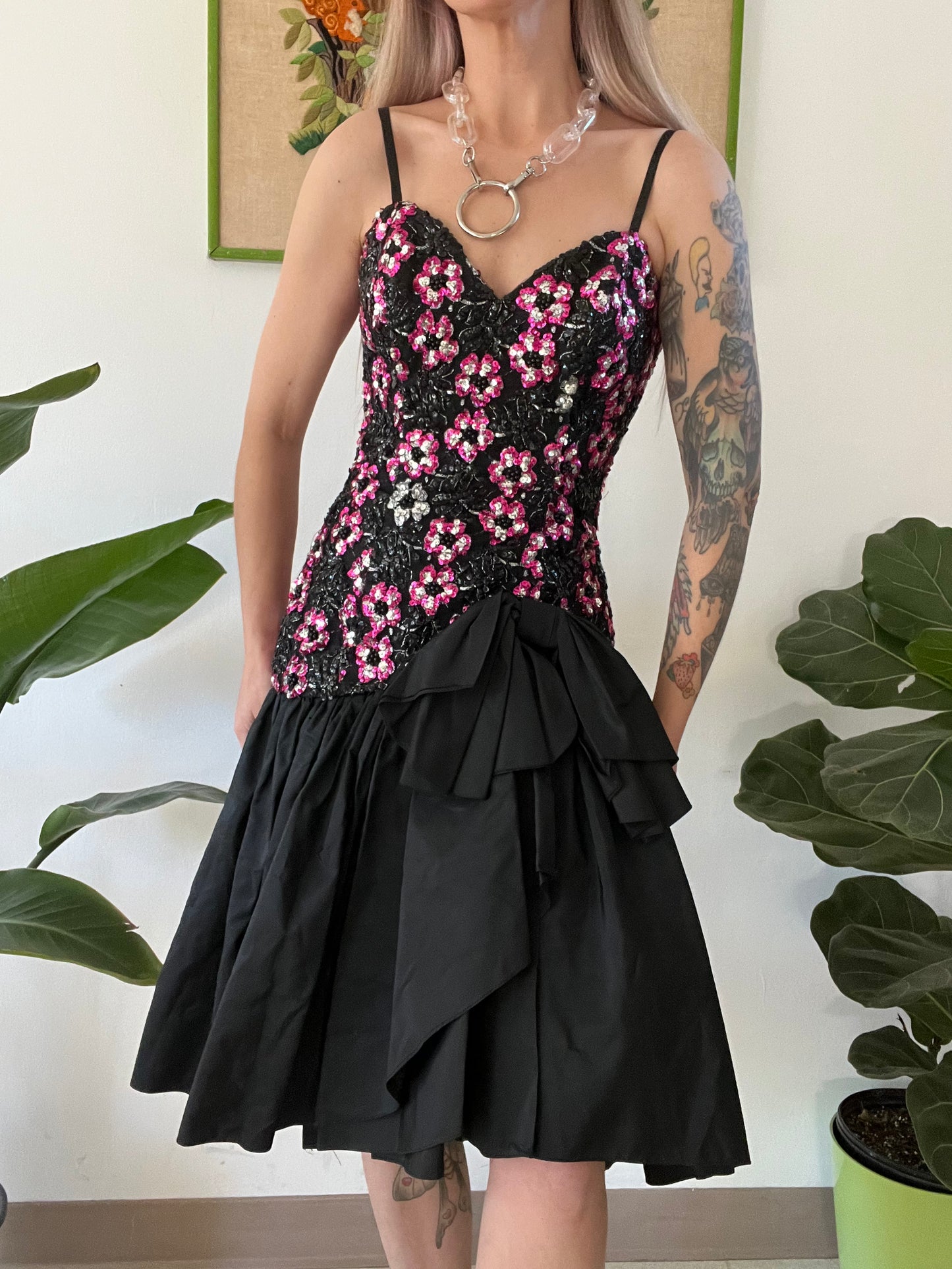 80s Avant Garde Sequin Ruffle Midi Dress