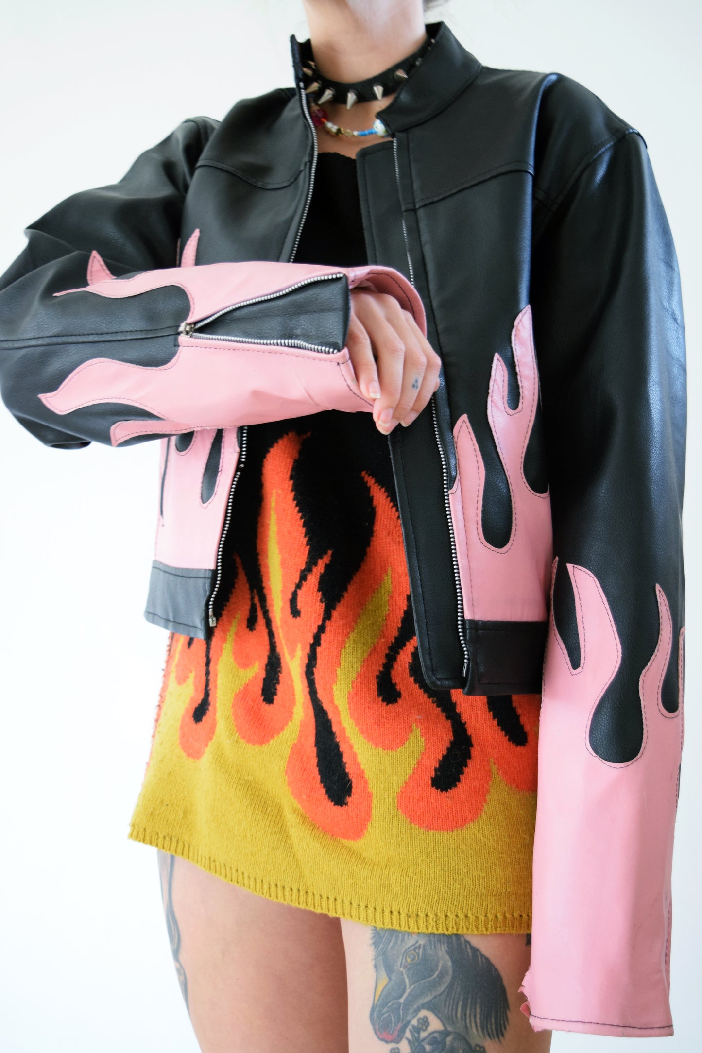PINK FLAME PLEATHER JACKET - S/M
