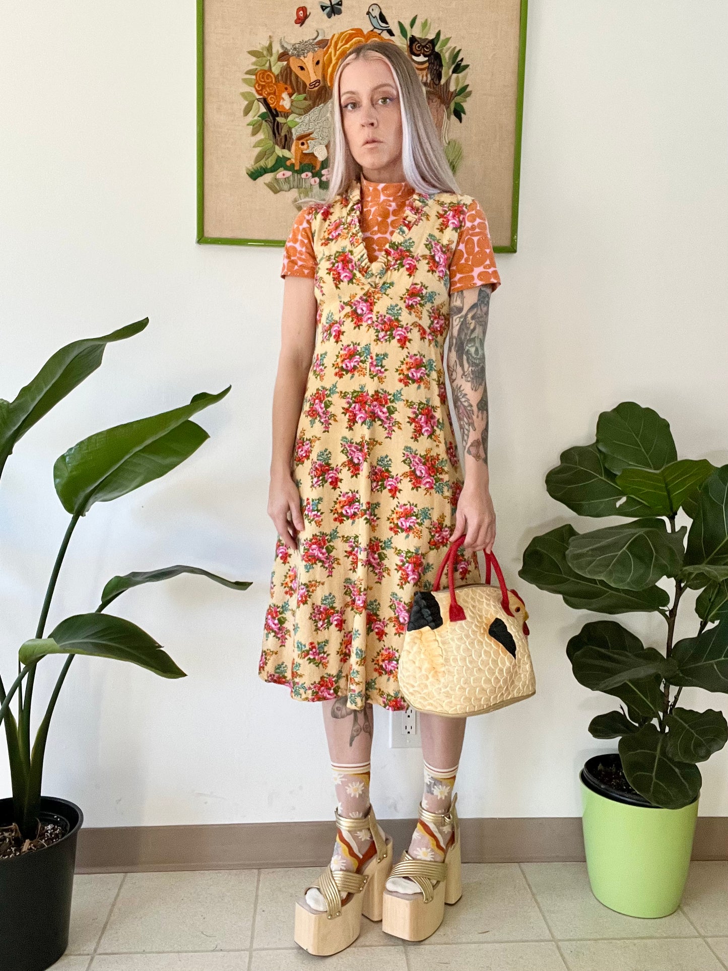 60s Handmade Barkcloth Midi Dress - Small