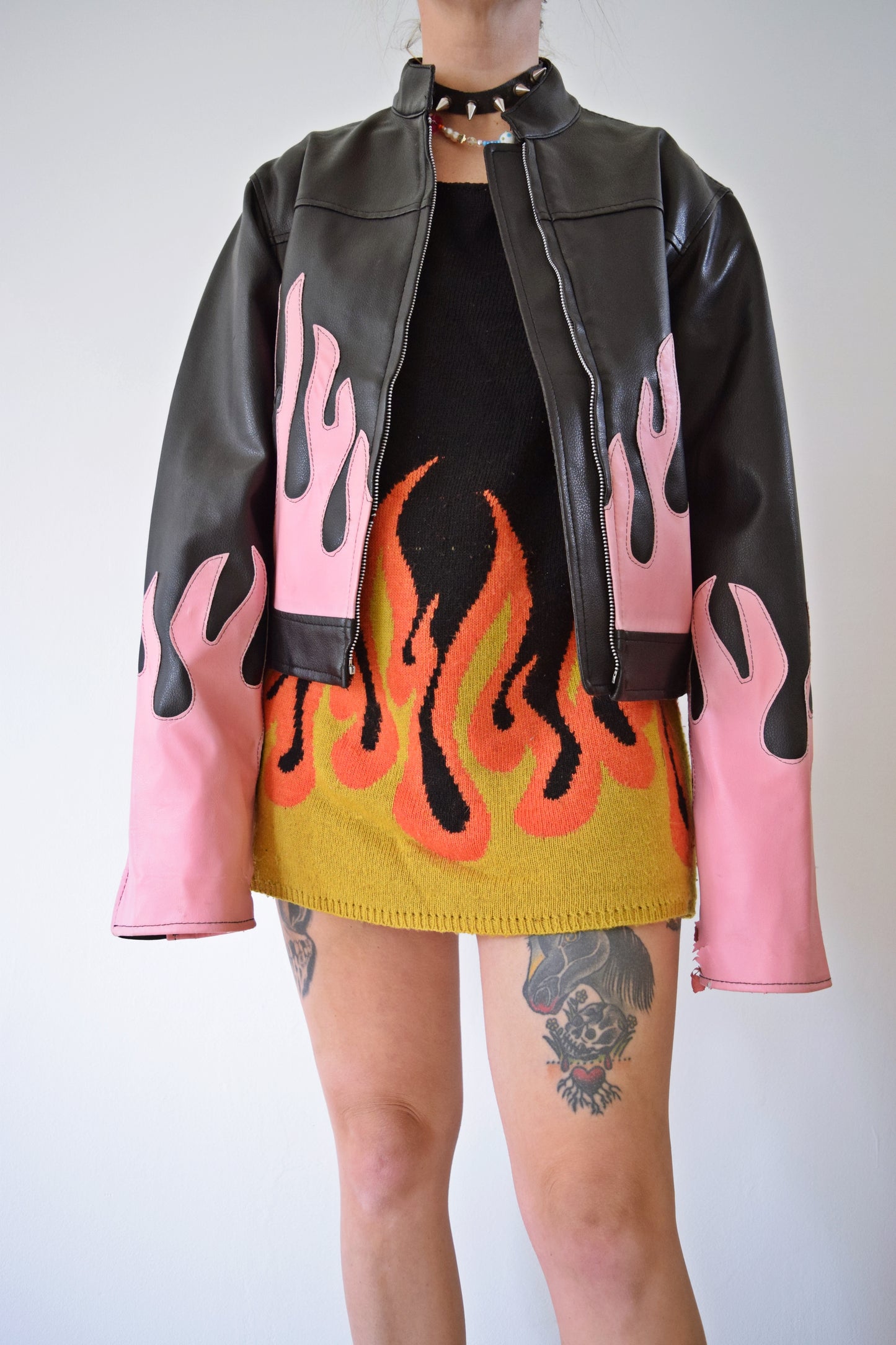 PINK FLAME PLEATHER JACKET - S/M