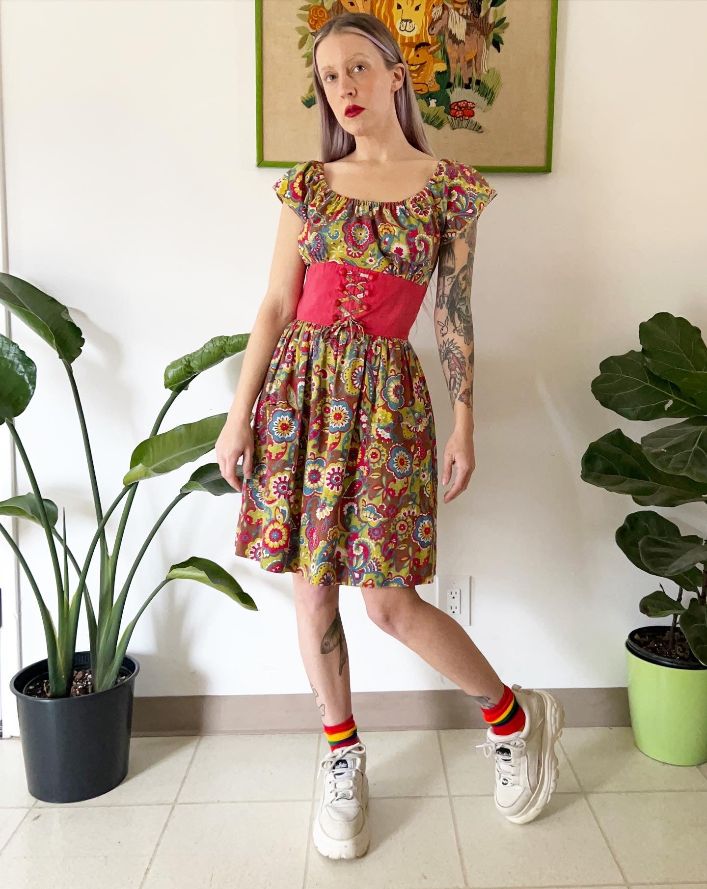 60s psychedelic floral dirndl mini dress - XS-S
