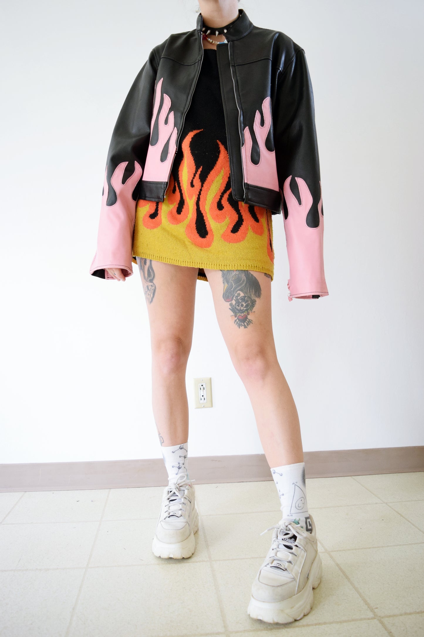 PINK FLAME PLEATHER JACKET - S/M
