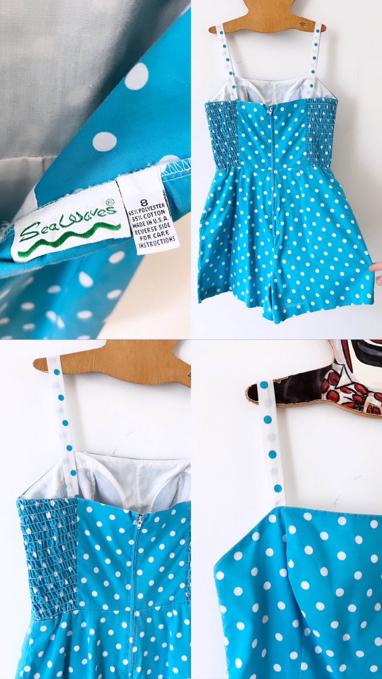 70s Blue and White PolkaDot Romper - S/M