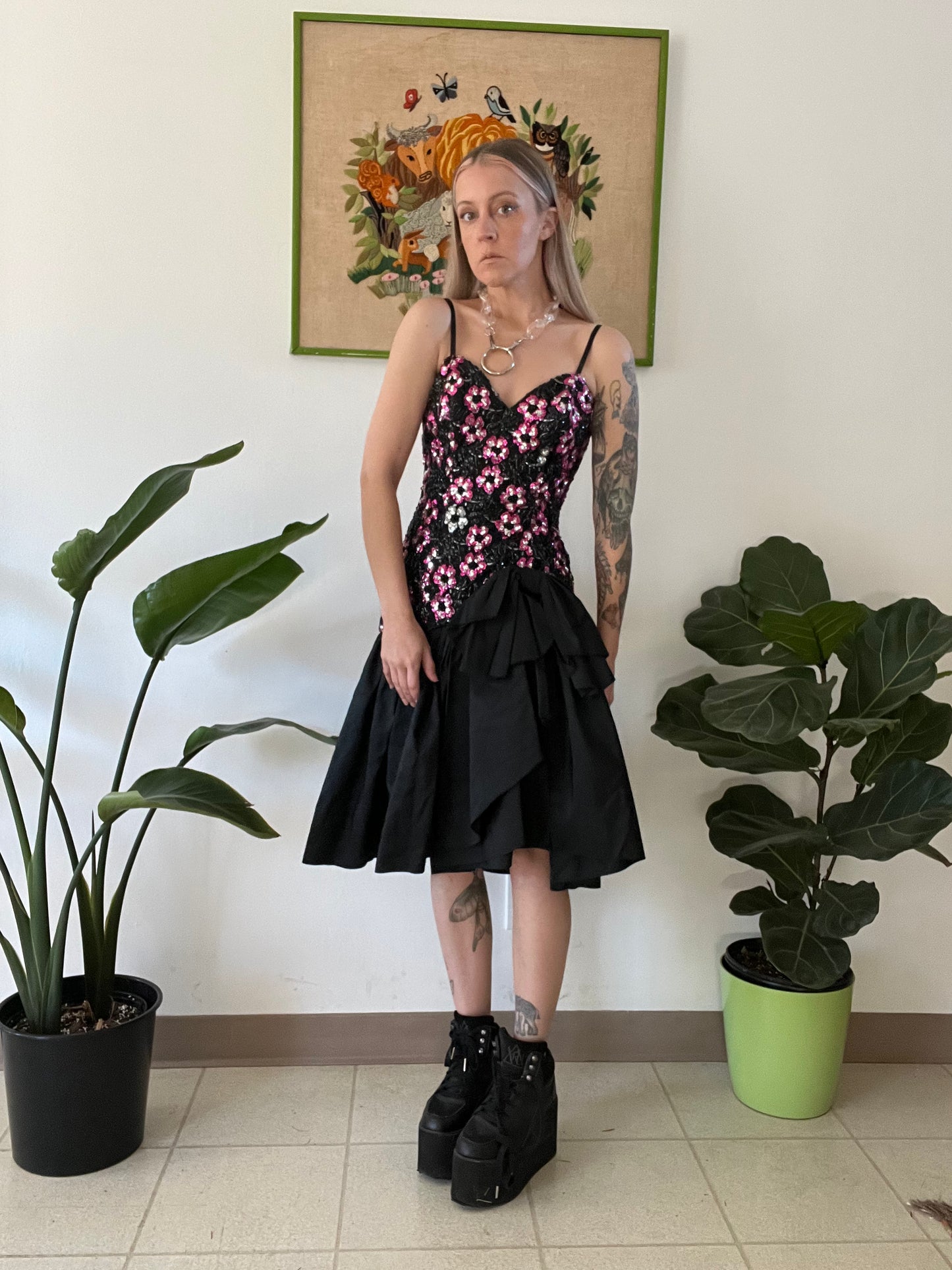 80s Avant Garde Sequin Ruffle Midi Dress