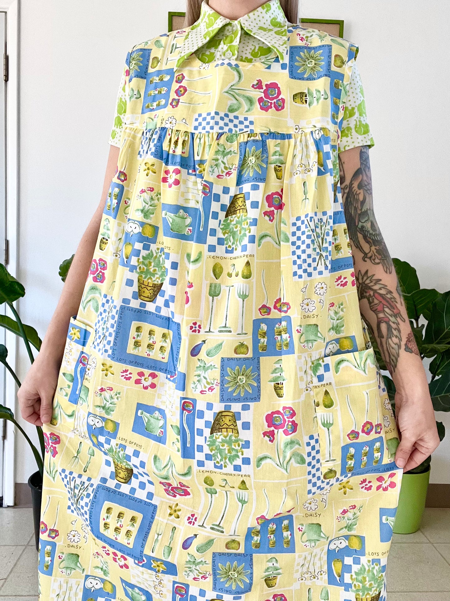 90s Mixed Optical Print House Dress - L