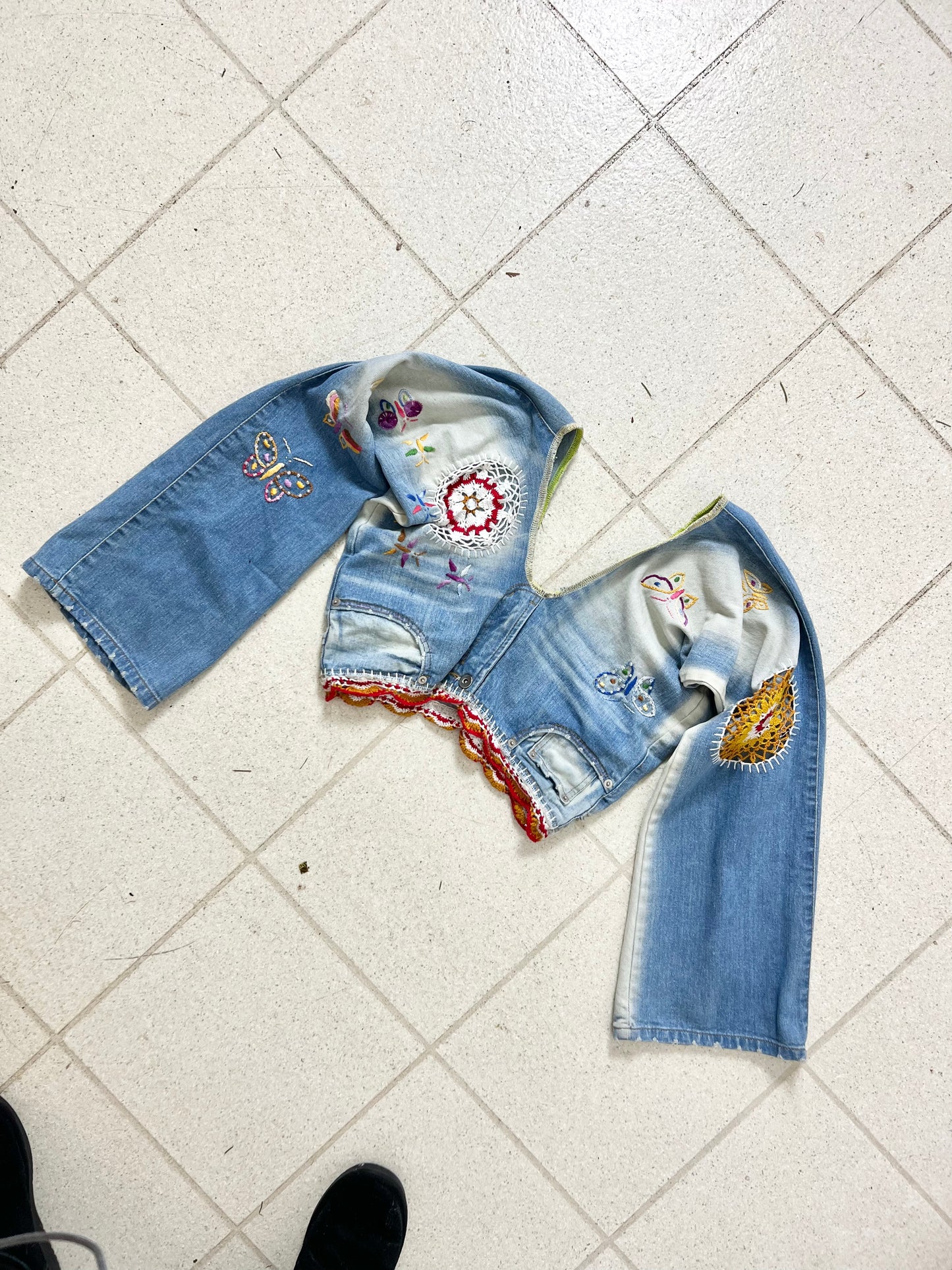 Reworked by me! Denim Bell Sleeve top with embroidery