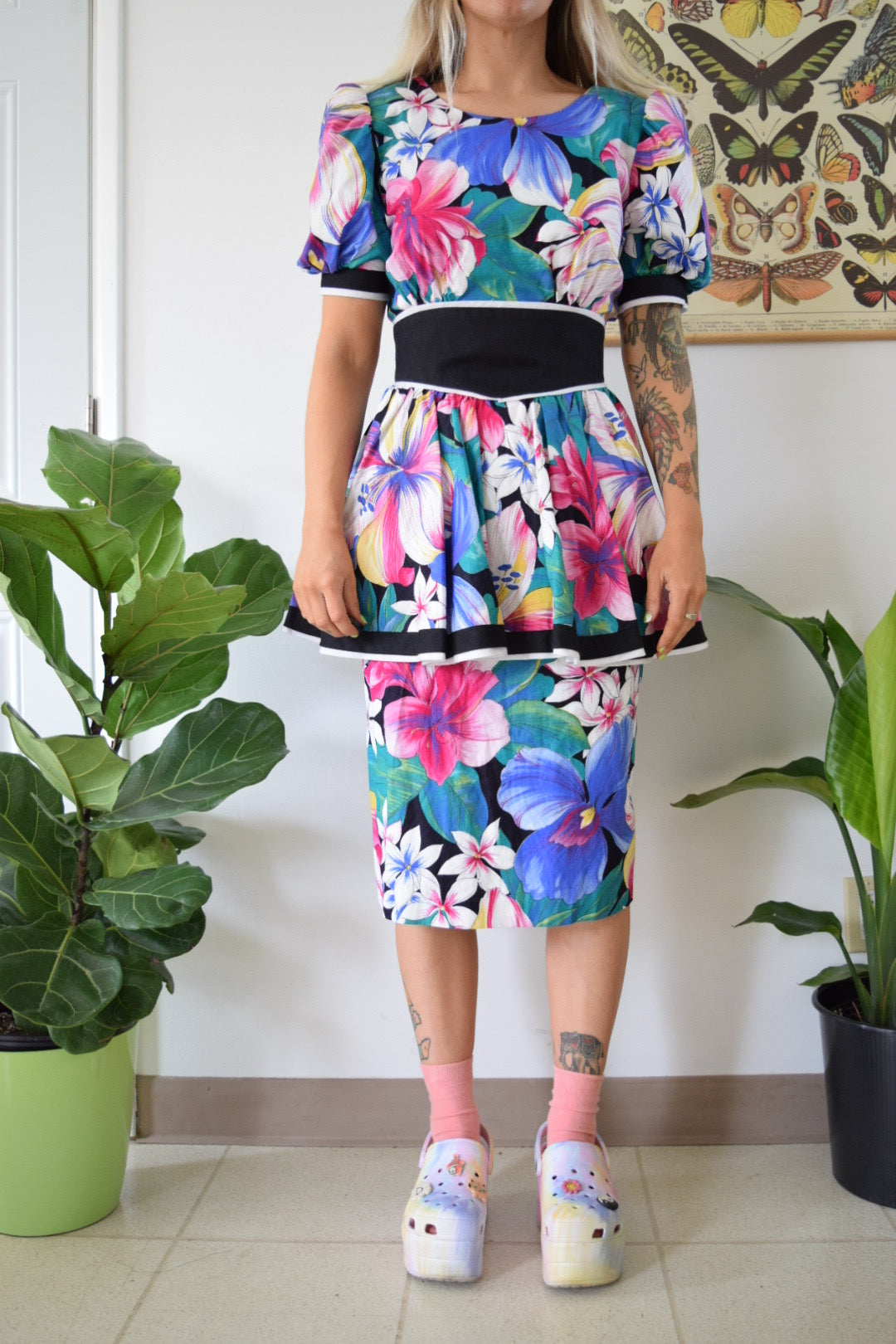 80s Peplum Midi Dress - Small