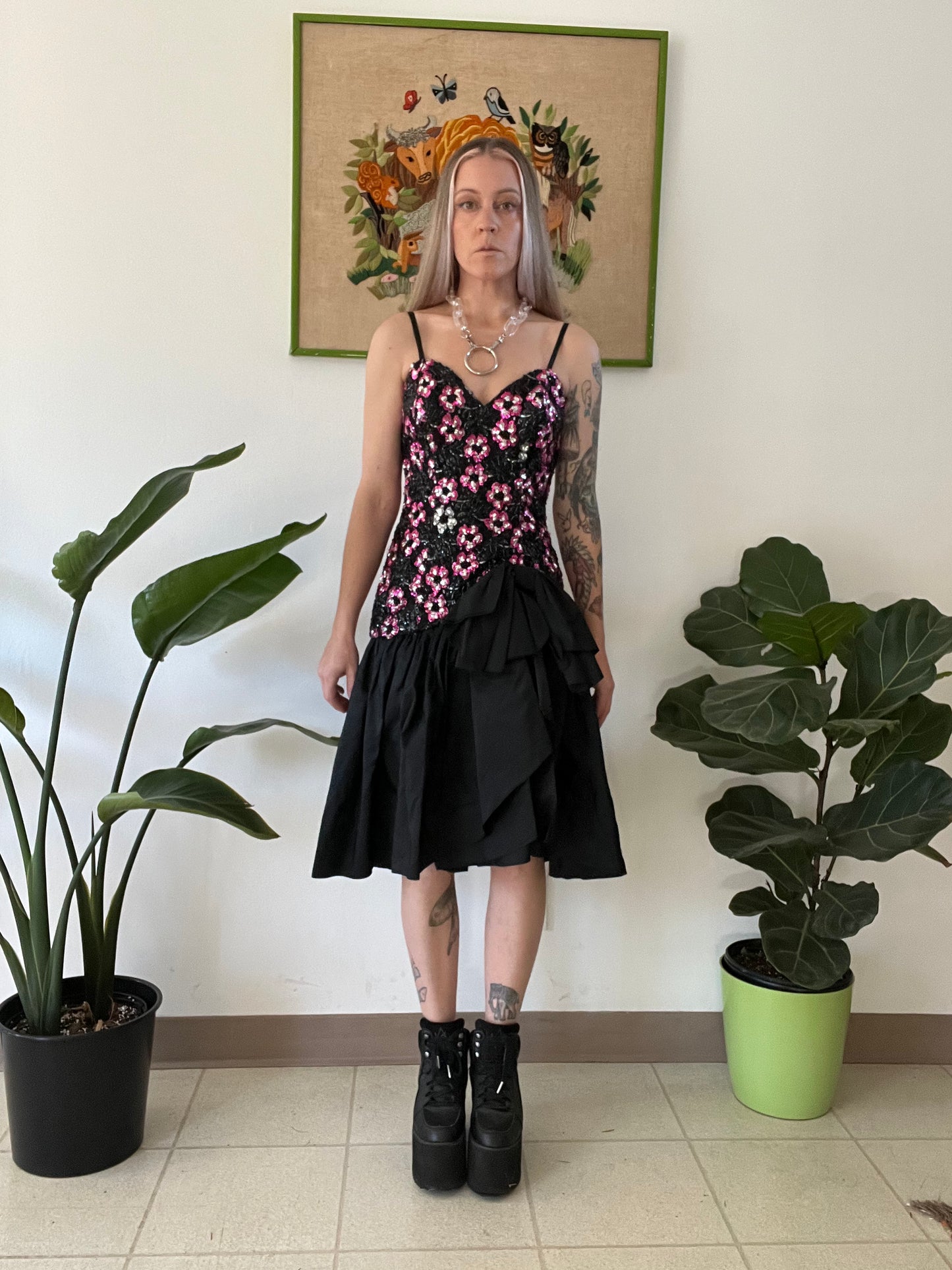 80s Avant Garde Sequin Ruffle Midi Dress