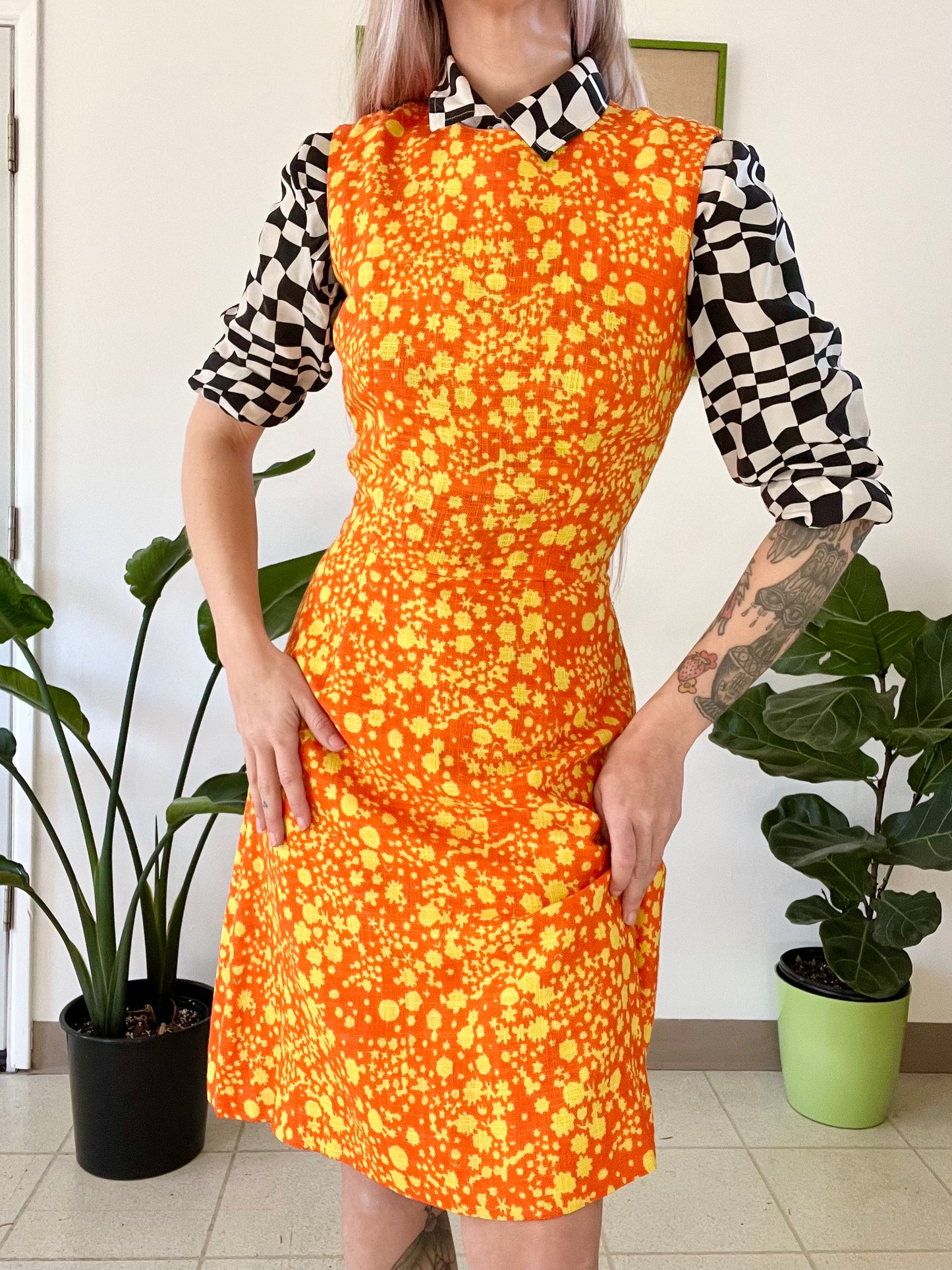 60s Technicolor Paint Splatter Midi Dress - Small