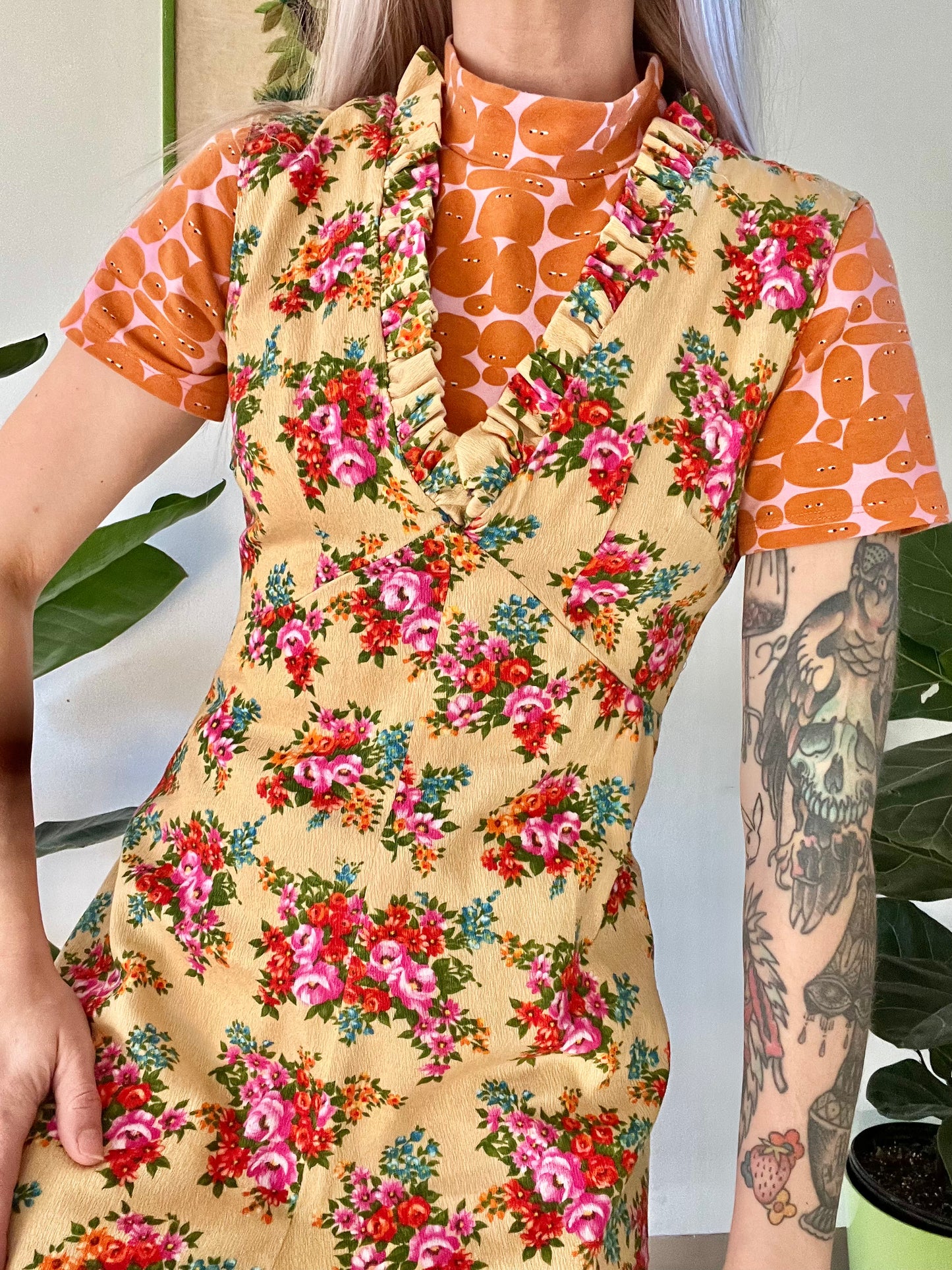 60s Handmade Barkcloth Midi Dress - Small