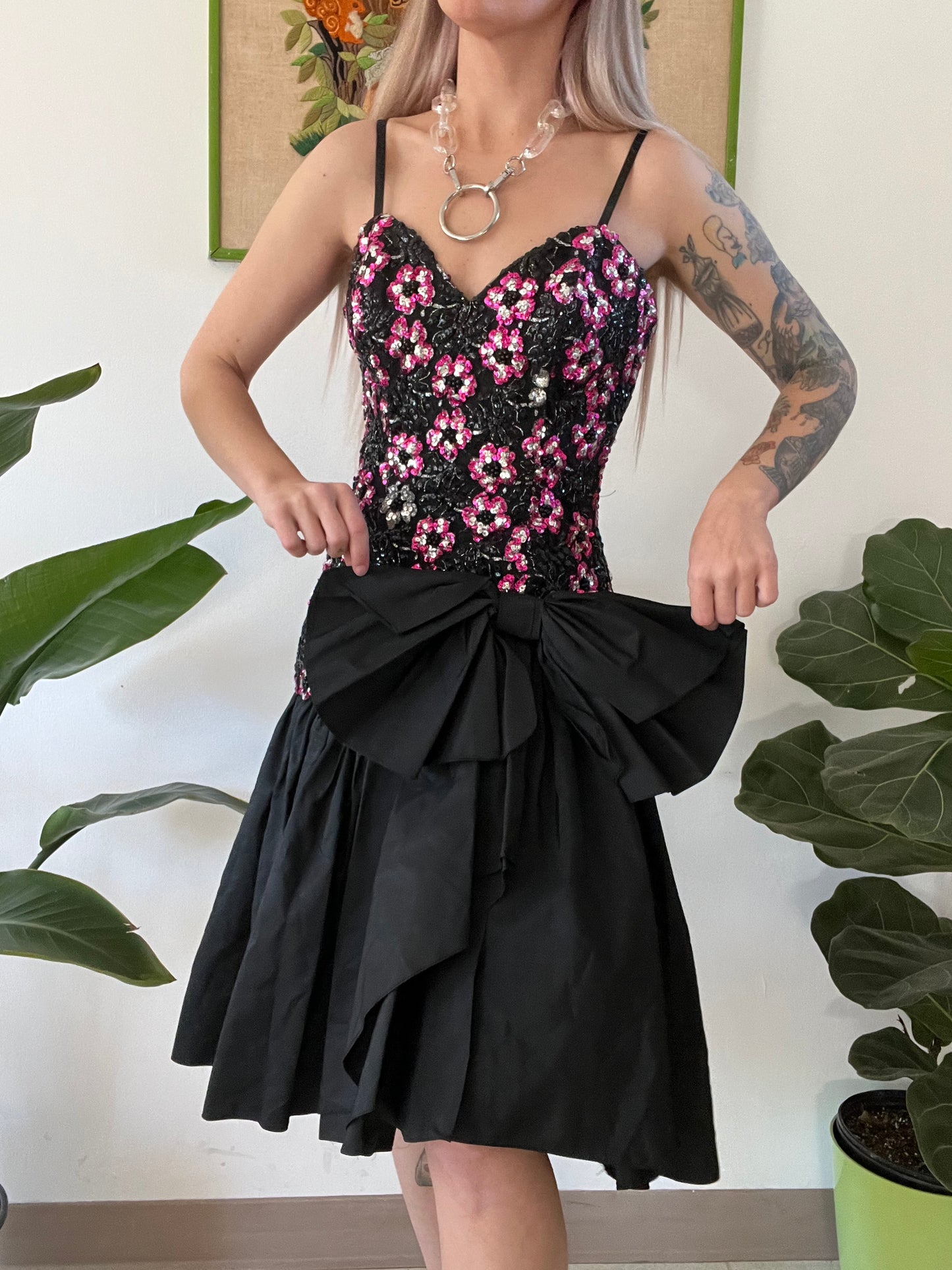 80s Avant Garde Sequin Ruffle Midi Dress