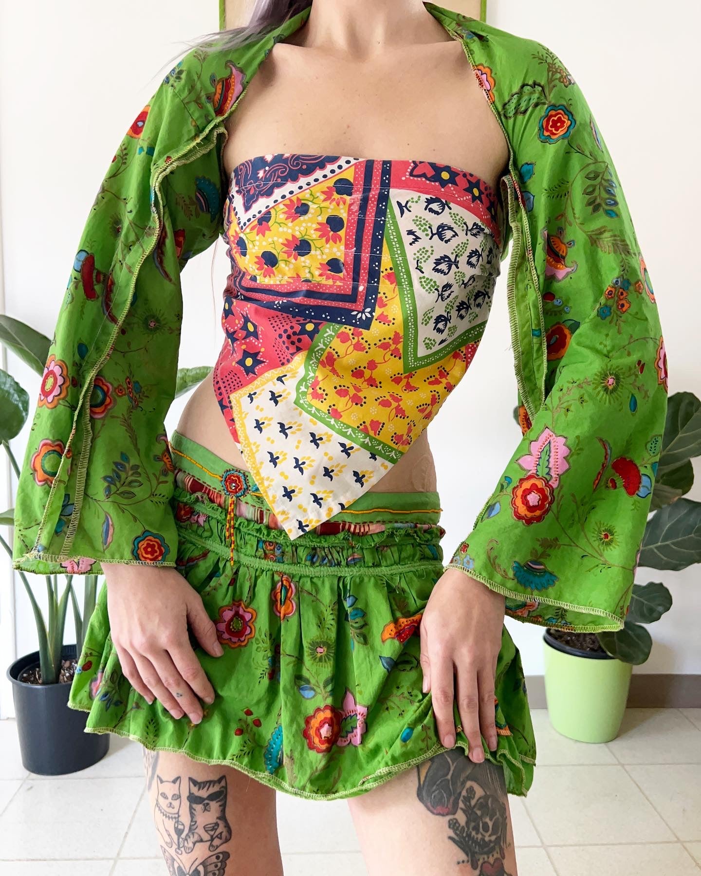 Reworked Green Dream Shawl and Mini Skirt Set