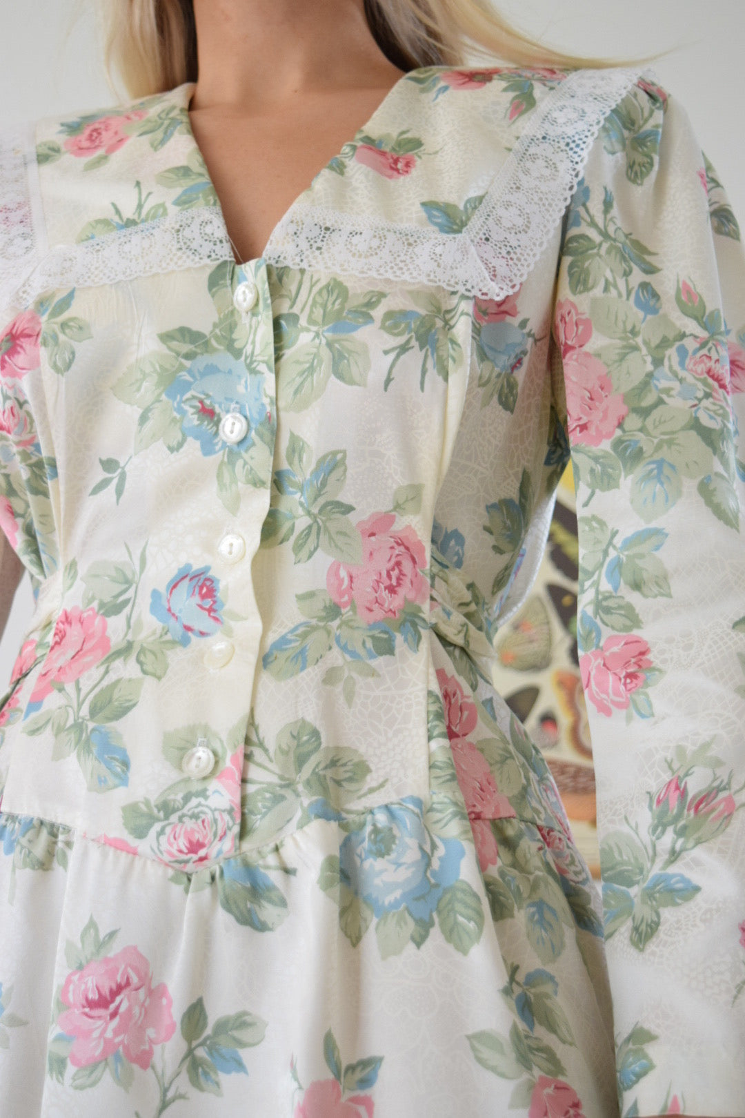 70s Pastel Floral Lace Collar Midi Dress - Medium