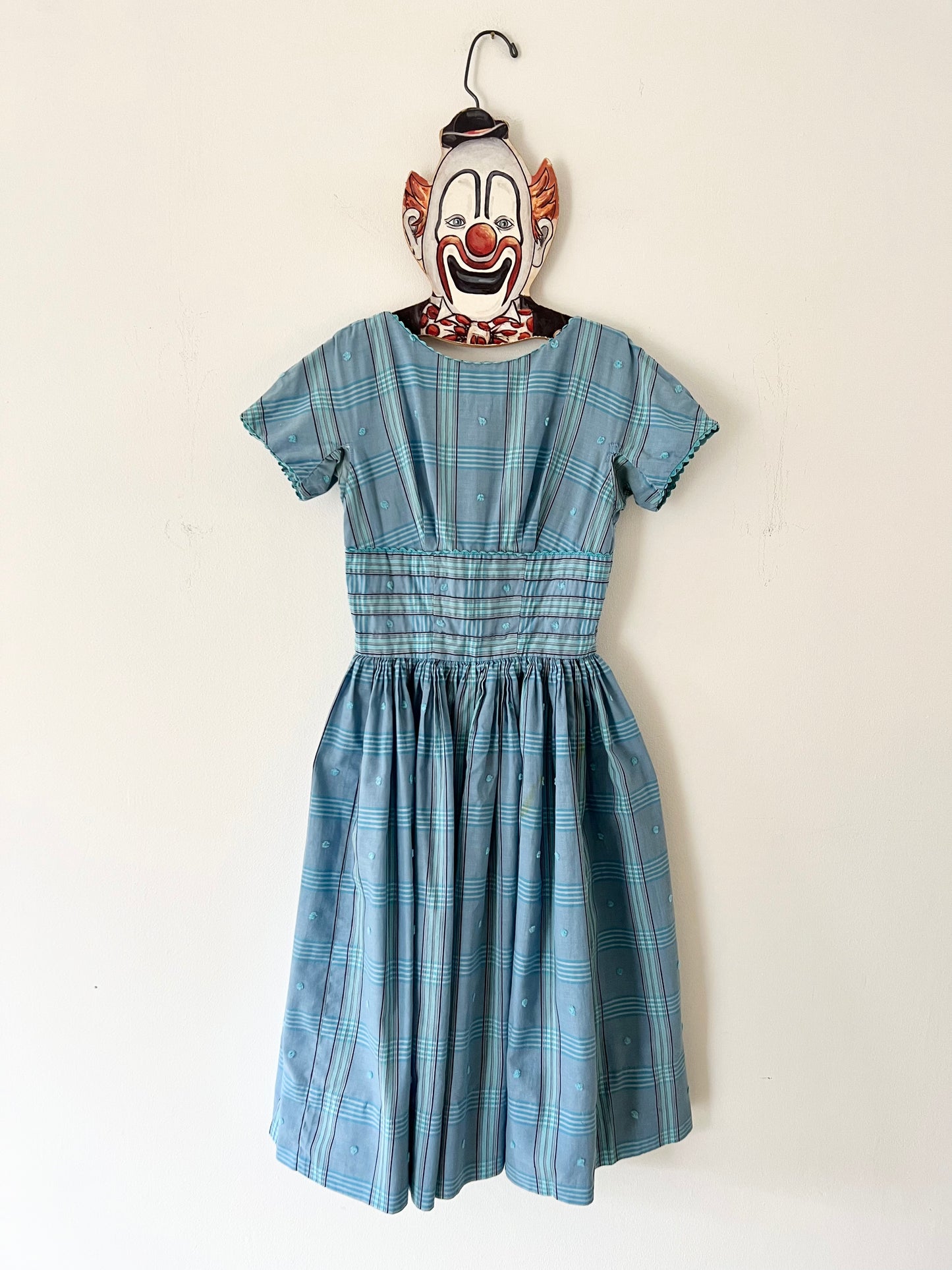 50s Blue Gingham Picnic Jumper Midi Dress - XS/S