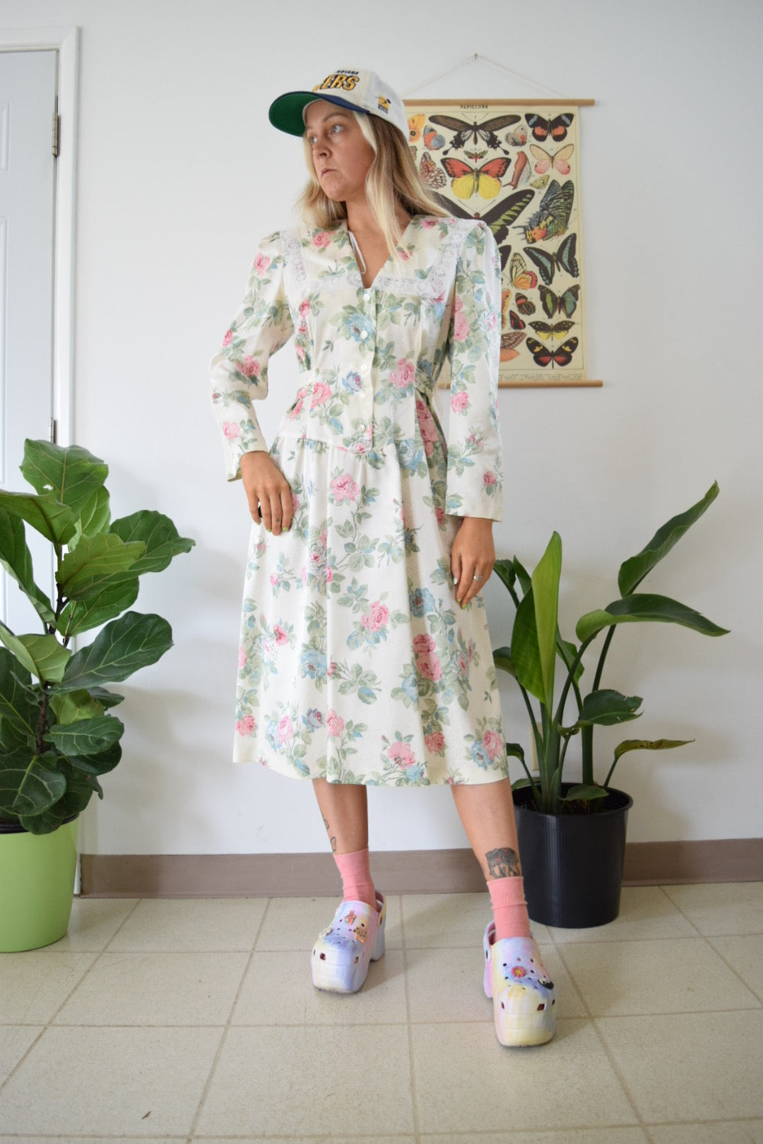 70s Pastel Floral Lace Collar Midi Dress - Medium