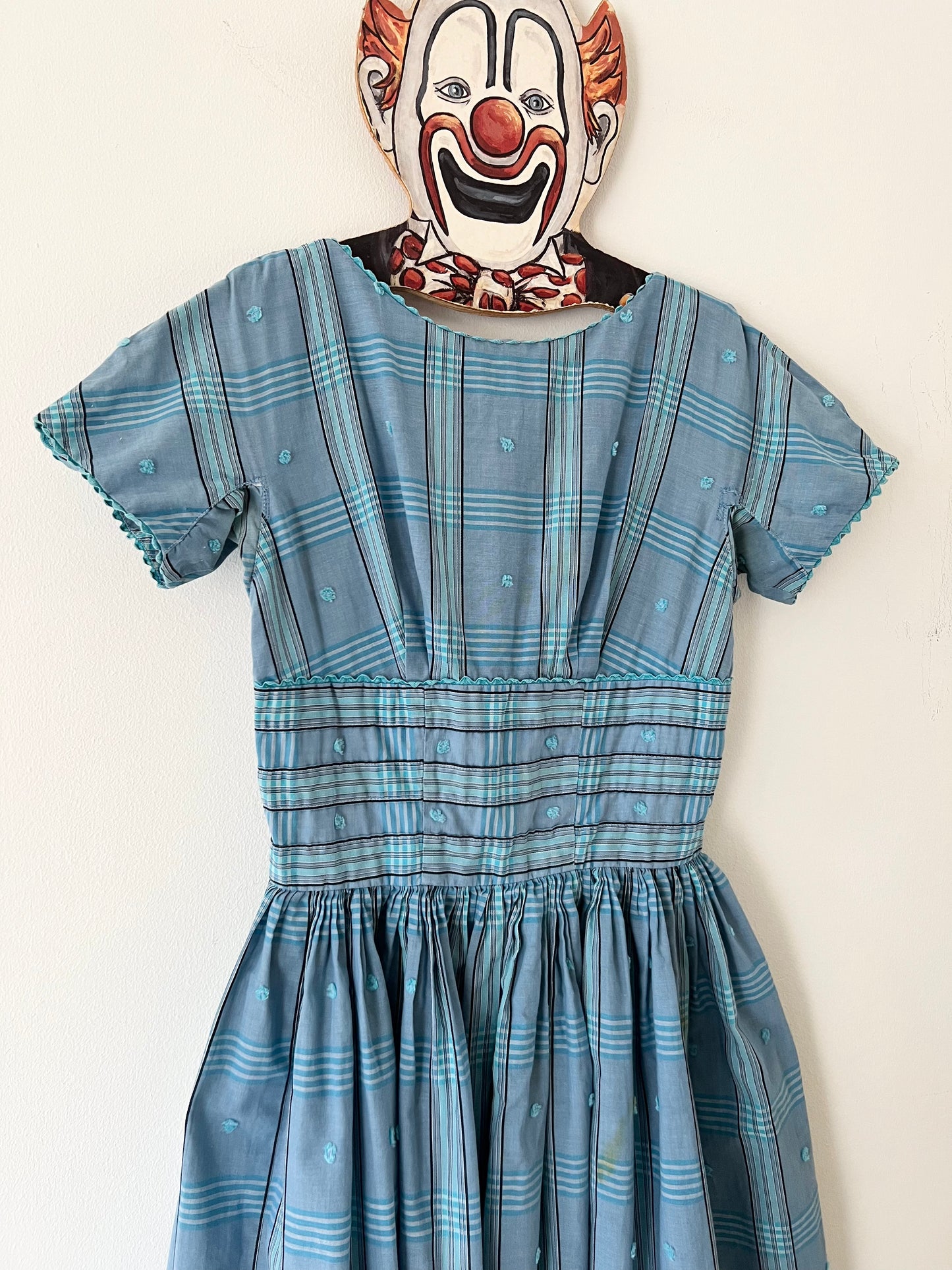 50s Blue Gingham Picnic Jumper Midi Dress - XS/S