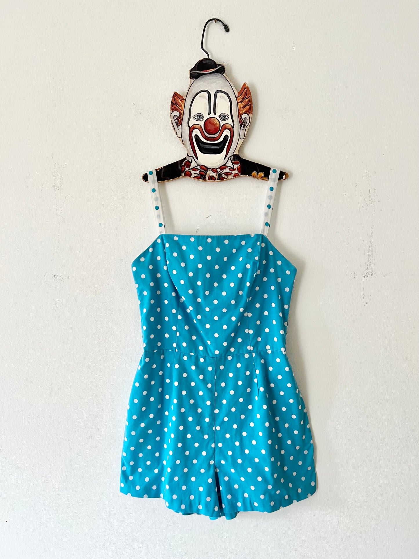 70s Blue and White PolkaDot Romper - S/M