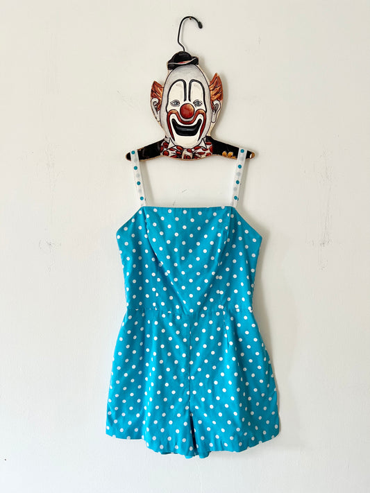 70s Blue and White PolkaDot Romper - S/M