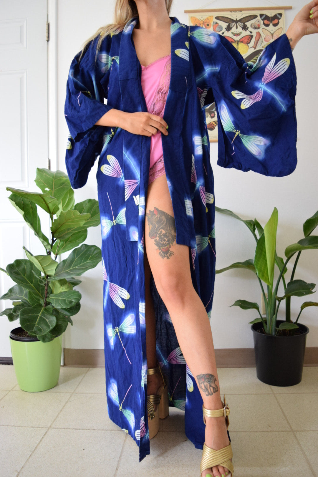 Vtg Dragonfly Kimono Style Robe - L/XL