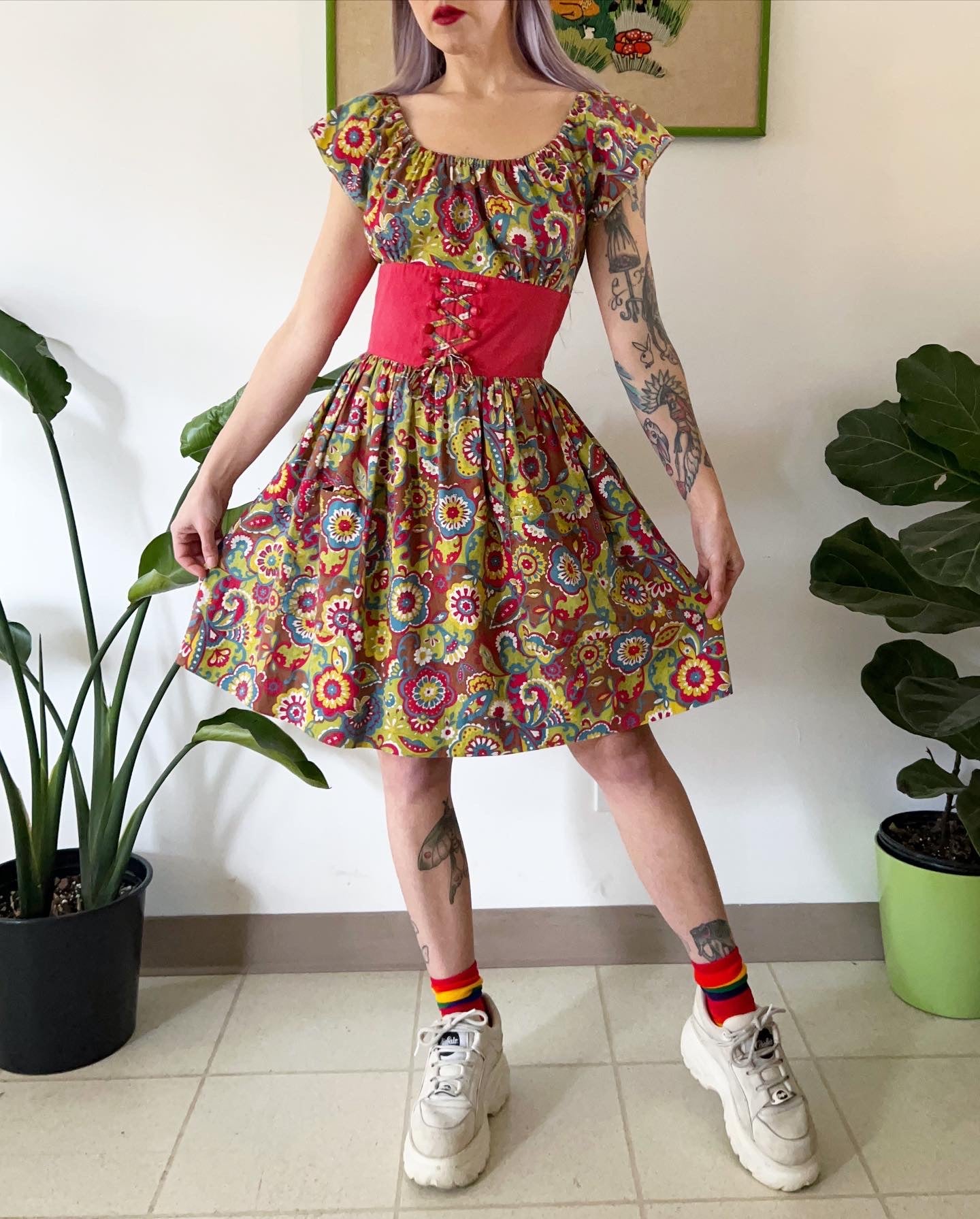 60s psychedelic floral dirndl mini dress - XS-S