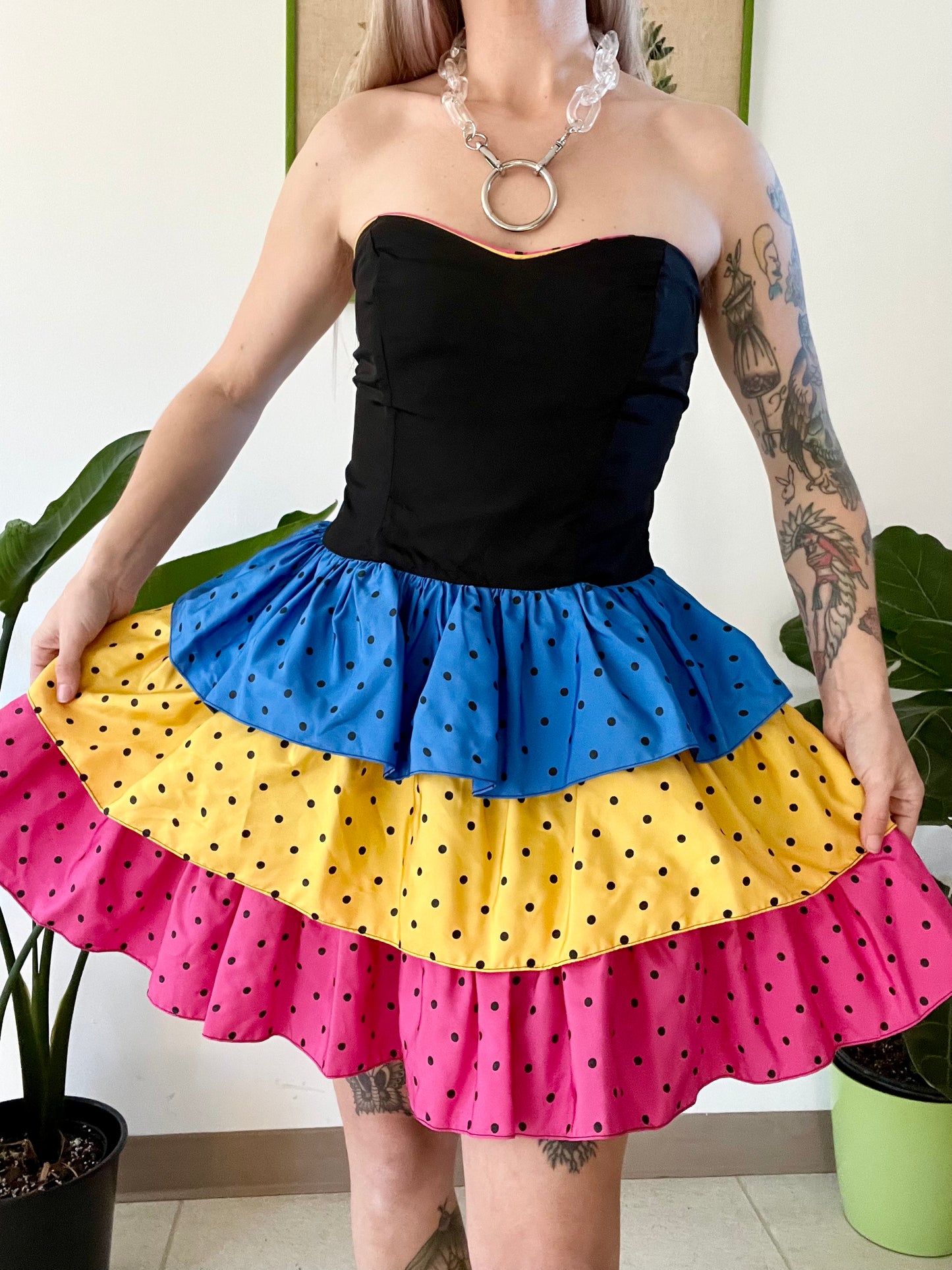 80s PolkaDot Ruffle Mini Dress - S/M