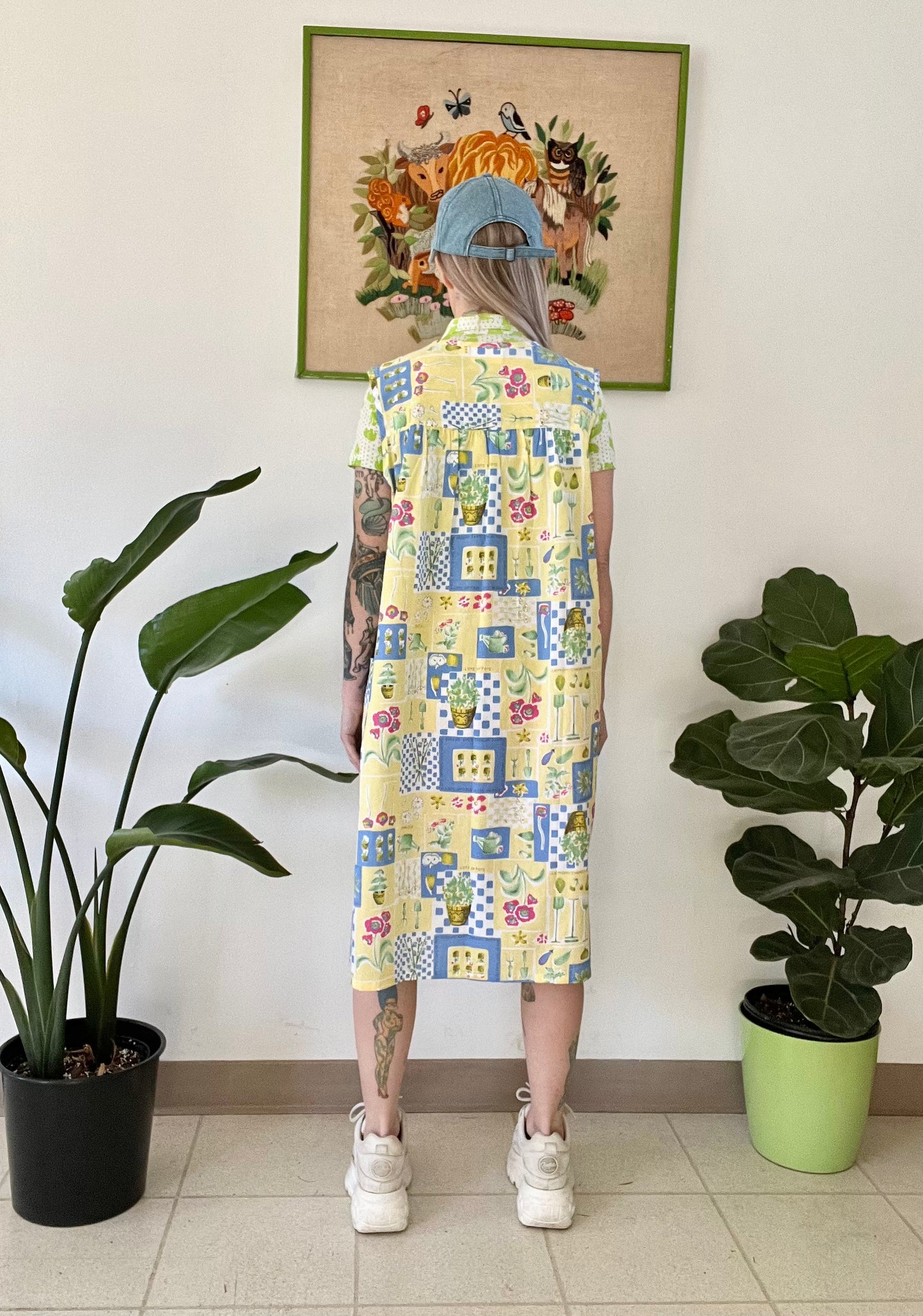 90s Mixed Optical Print House Dress - L