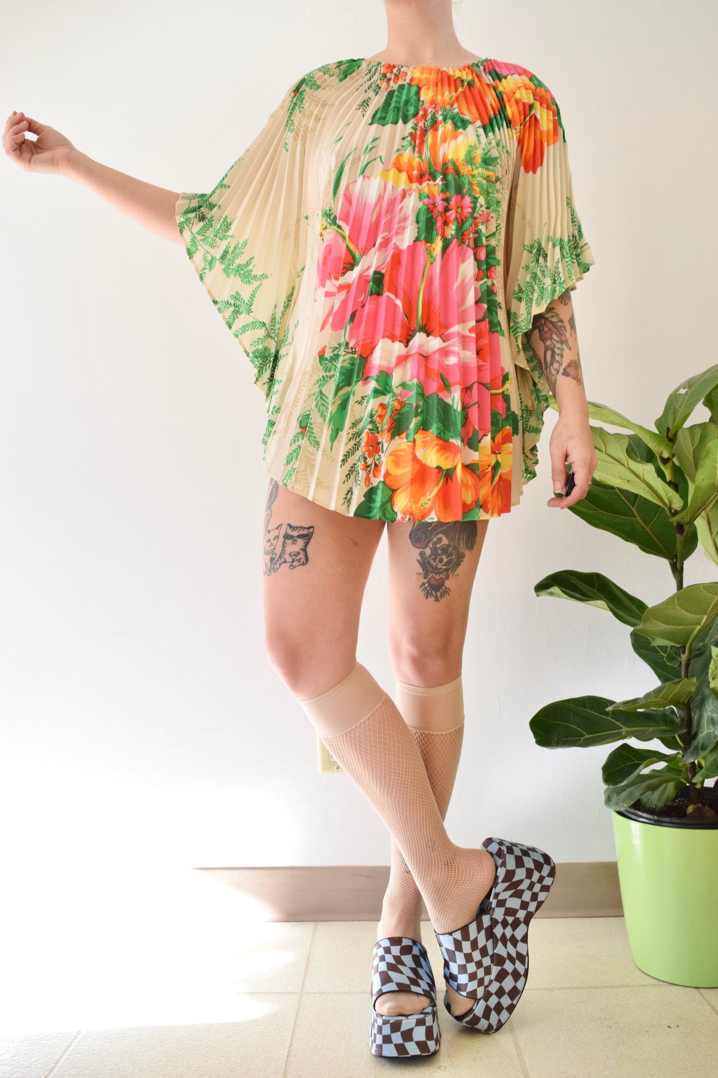 60s FLORAL ACCORDION BLOUSE - O/S