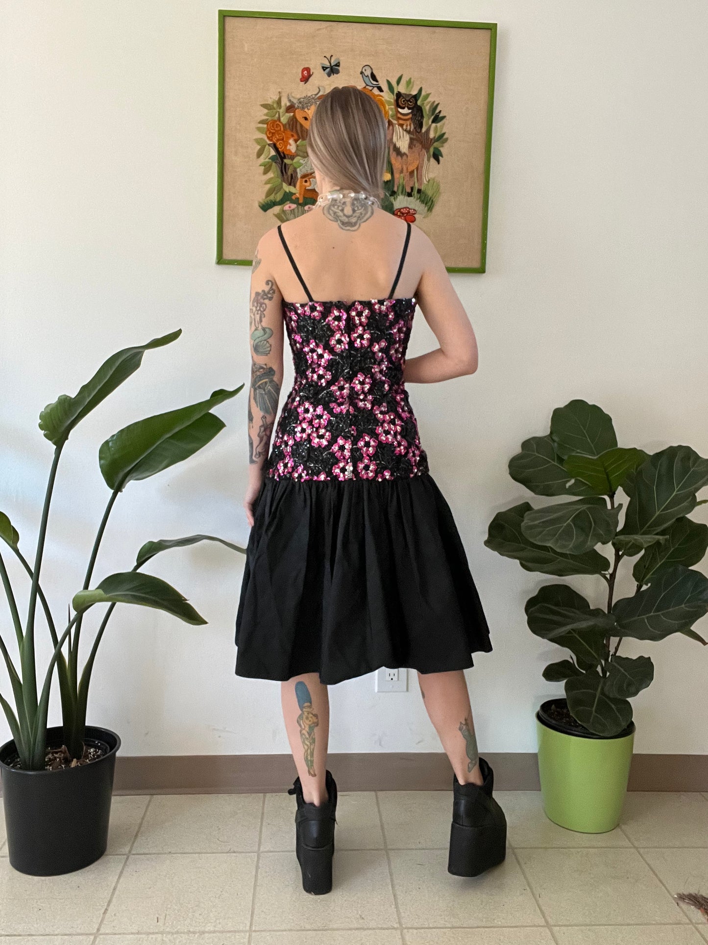 80s Avant Garde Sequin Ruffle Midi Dress
