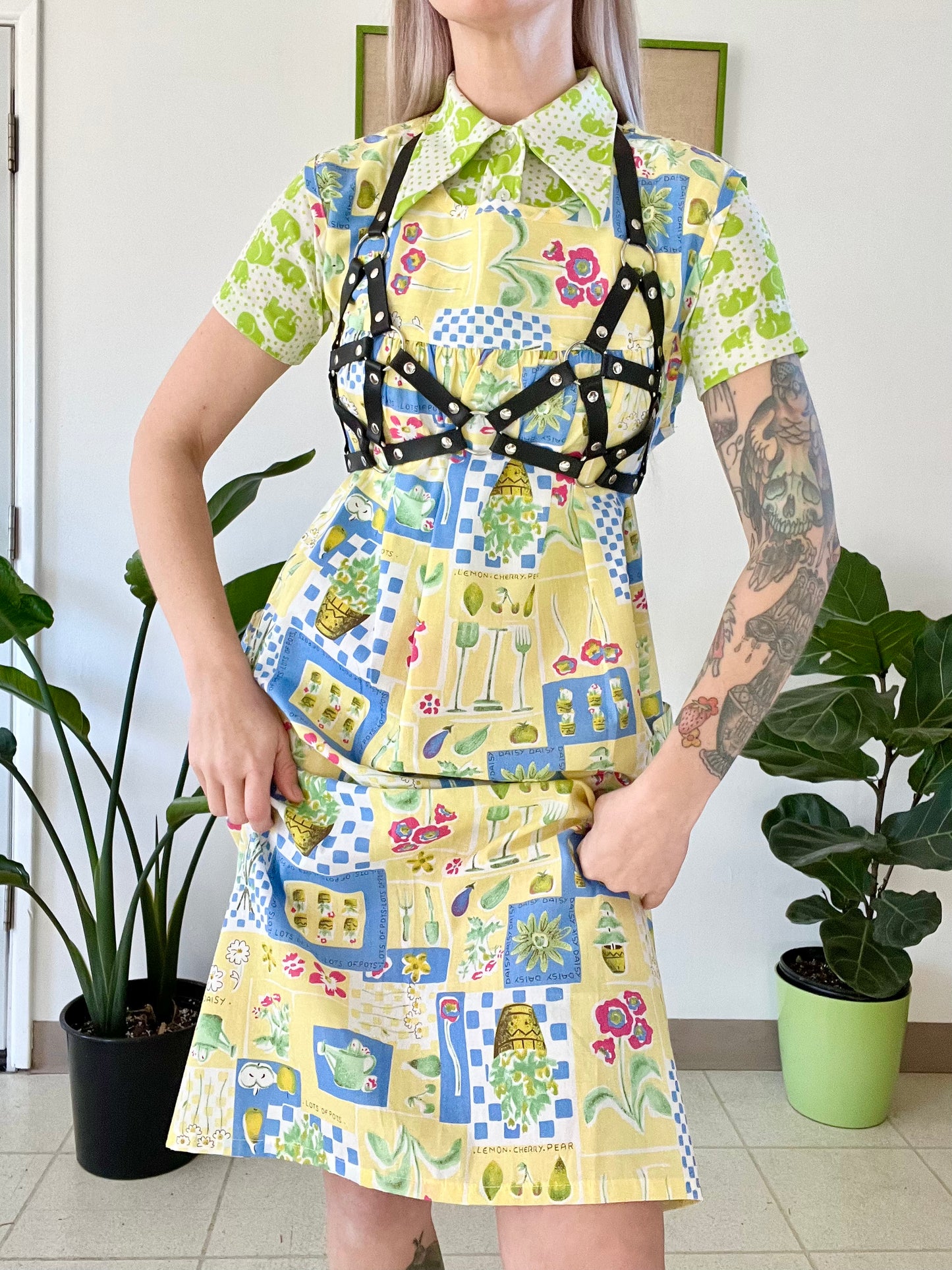 90s Mixed Optical Print House Dress - L