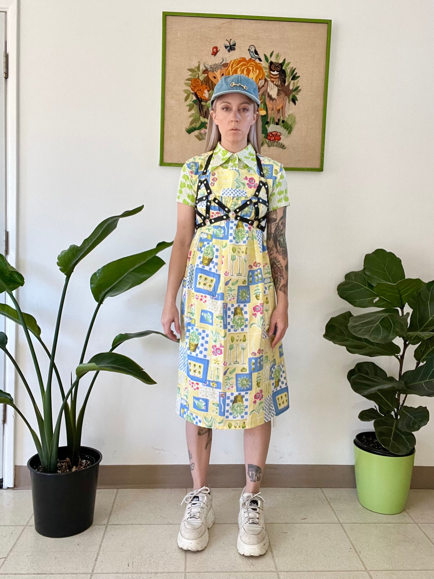 90s Mixed Optical Print House Dress - L