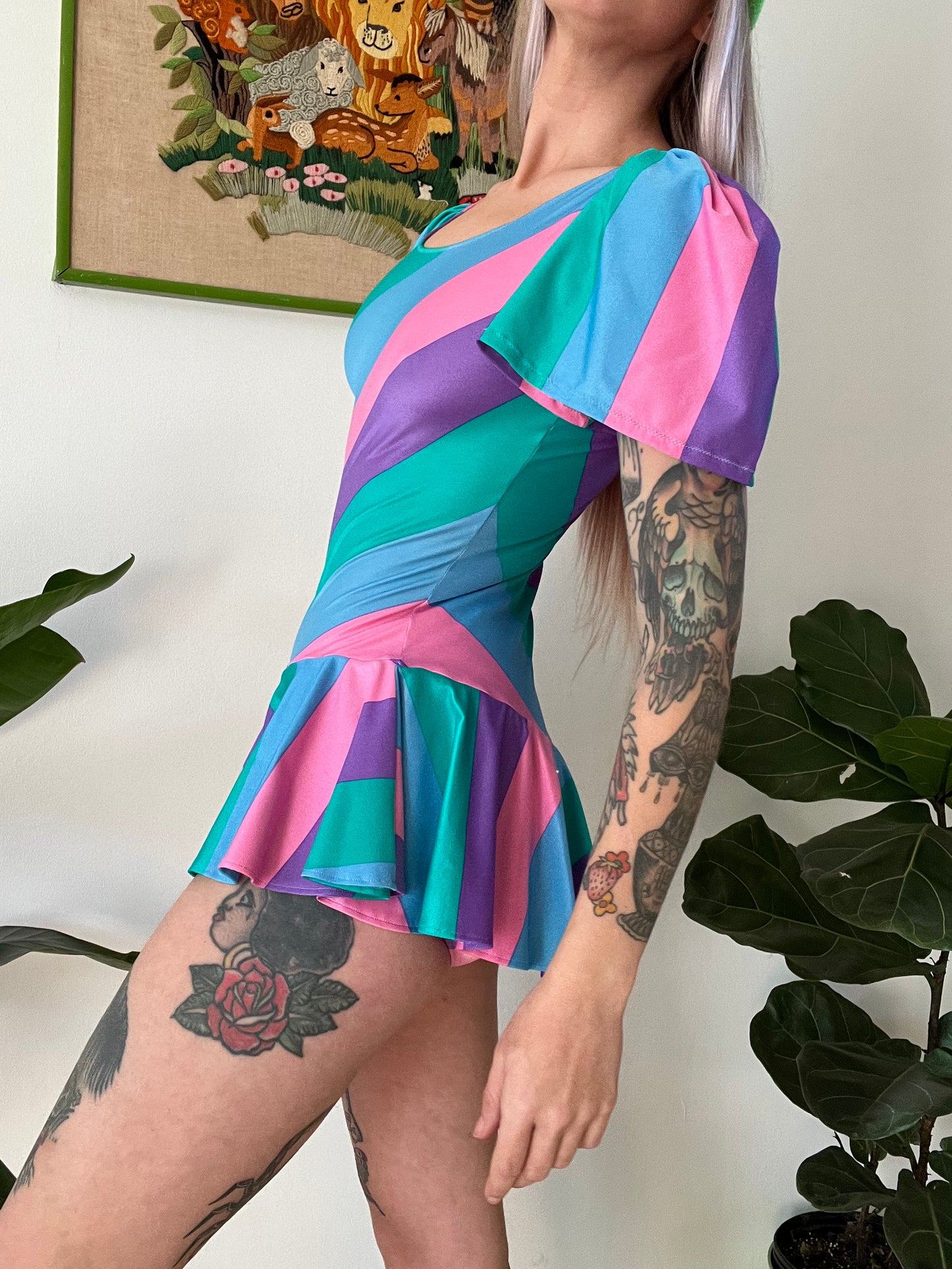 80s Candy Stripe Peplum Skirt Bodysuit