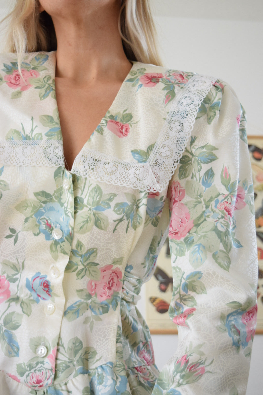 70s Pastel Floral Lace Collar Midi Dress - Medium