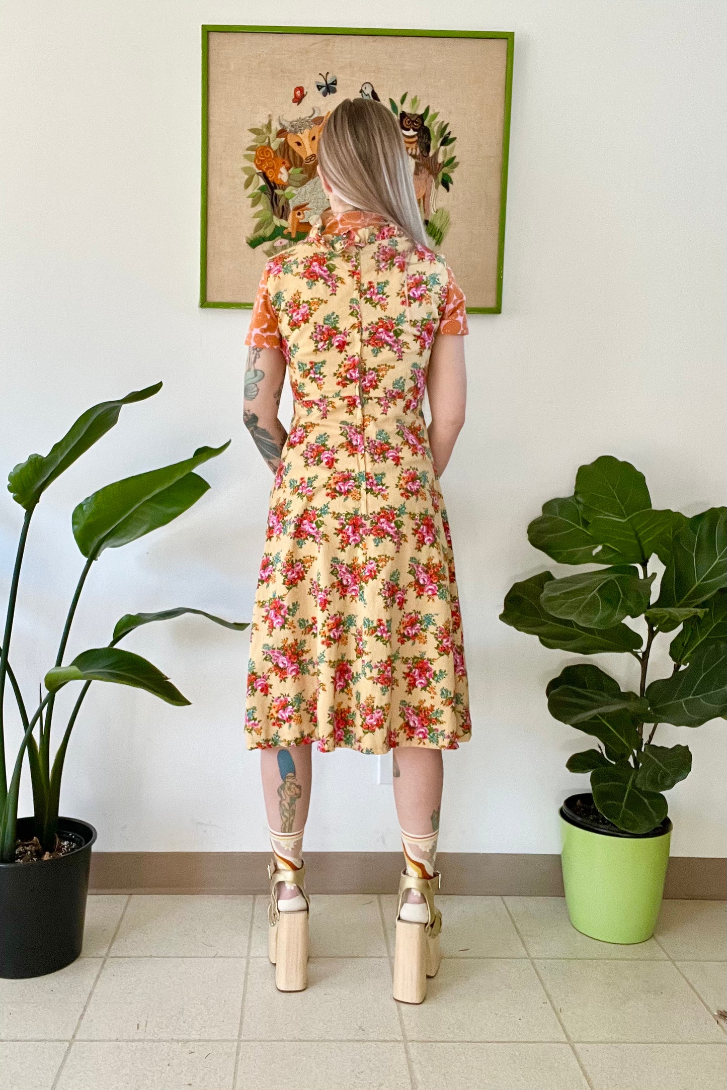 60s Handmade Barkcloth Midi Dress - Small