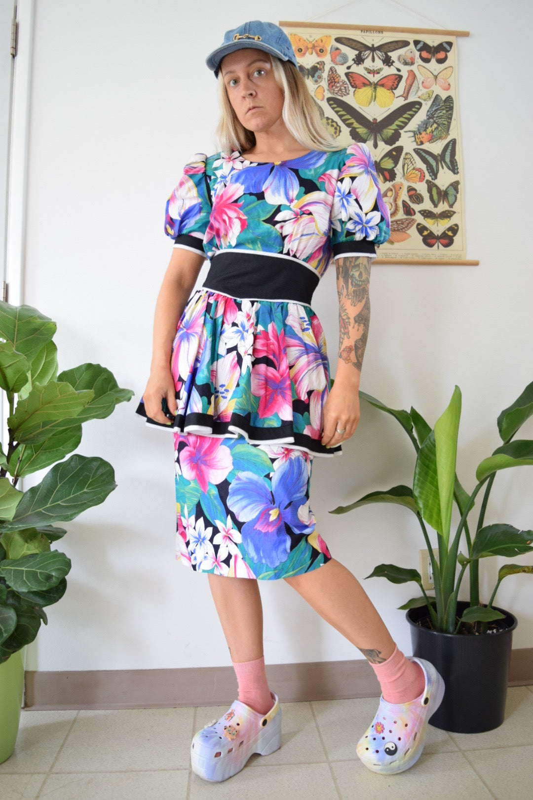 80s Peplum Midi Dress - Small
