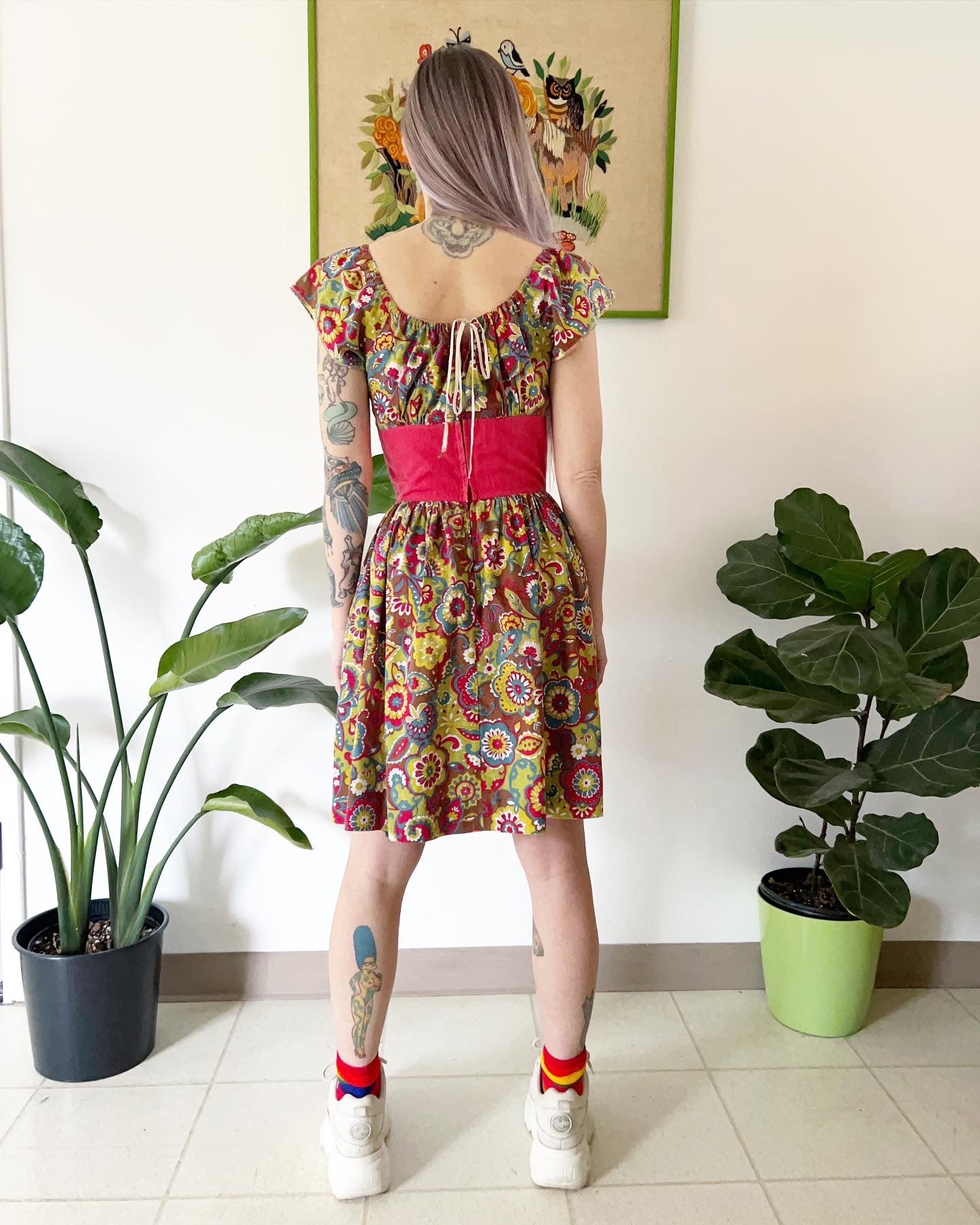 60s psychedelic floral dirndl mini dress - XS-S