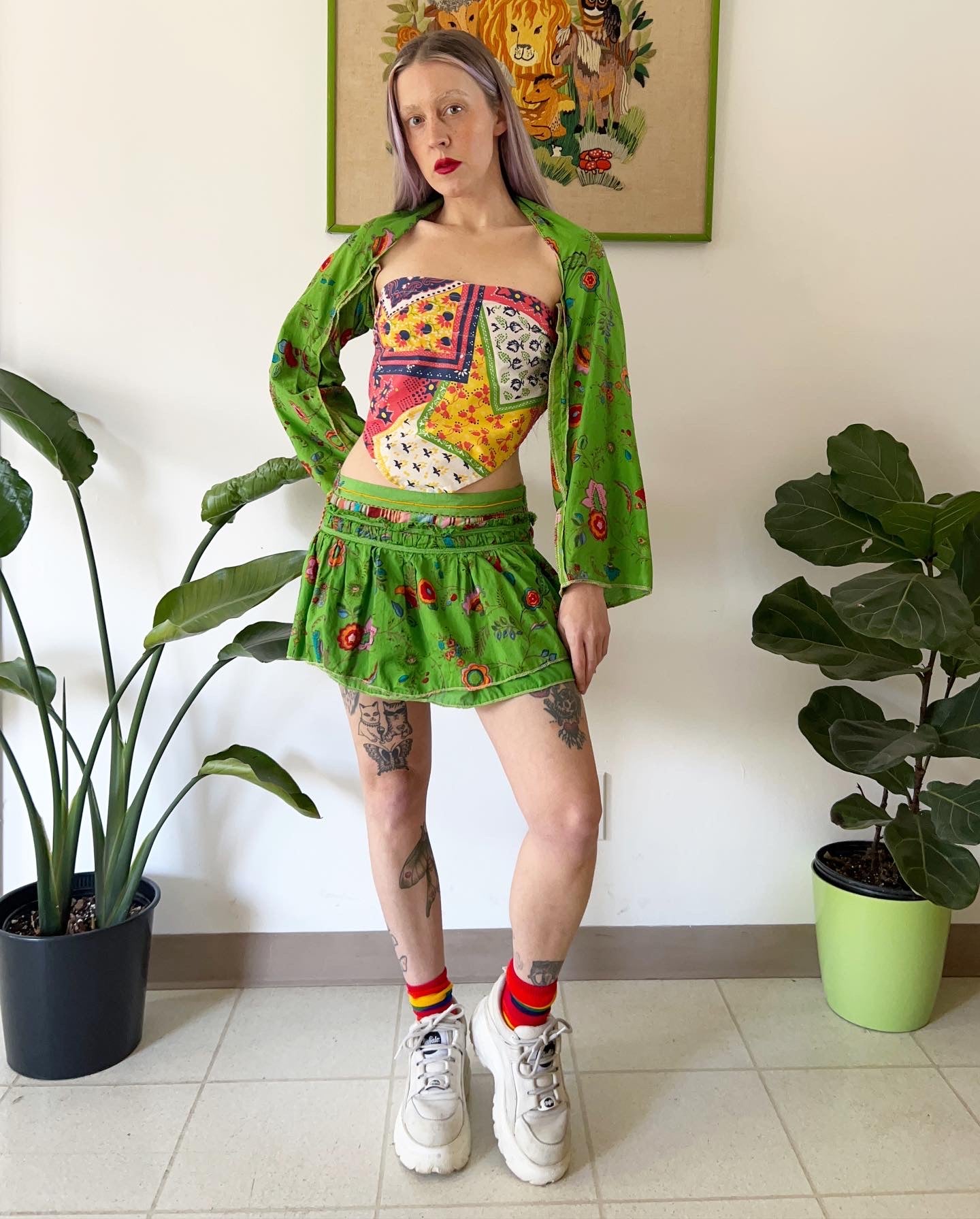 Reworked Green Dream Shawl and Mini Skirt Set