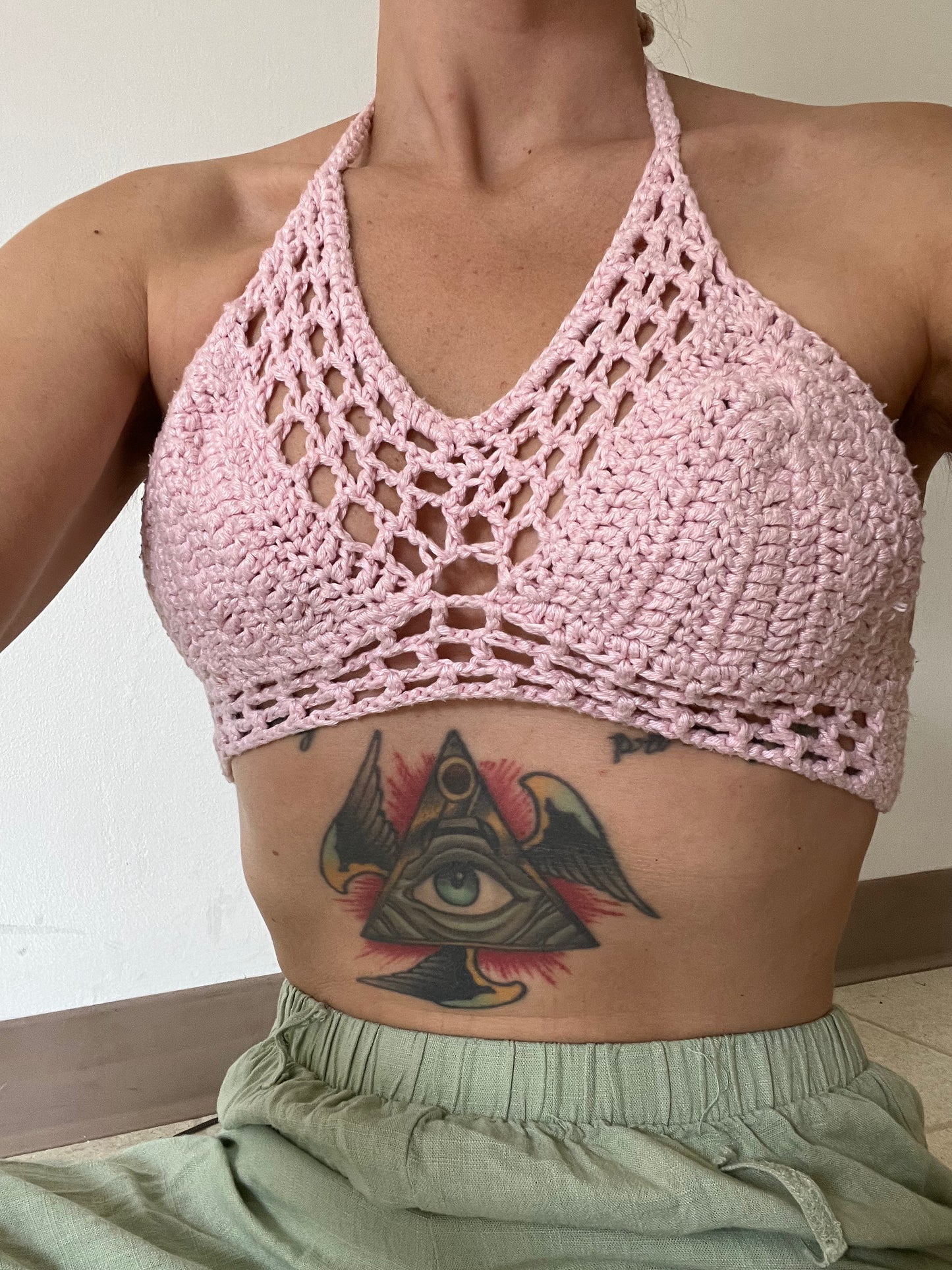 60s Pale Pink Crochet Halter Top