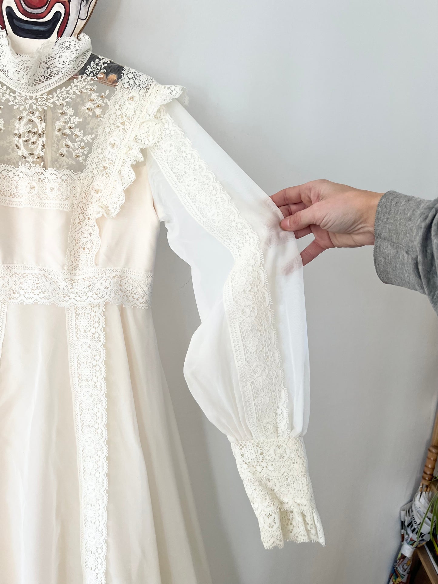 70s does Victorian Union Made beaded lace prairie wedding gown