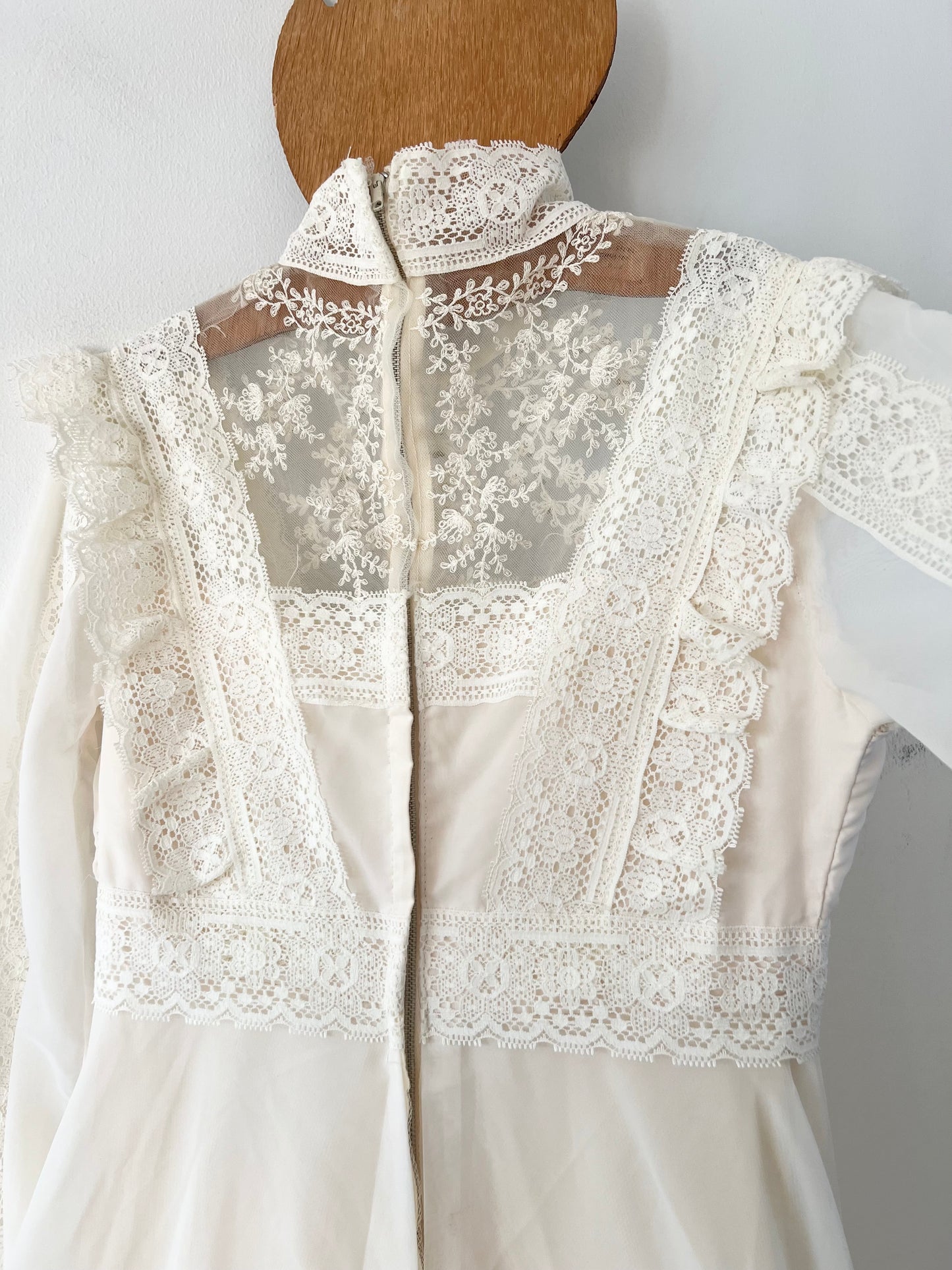 70s does Victorian Union Made beaded lace prairie wedding gown