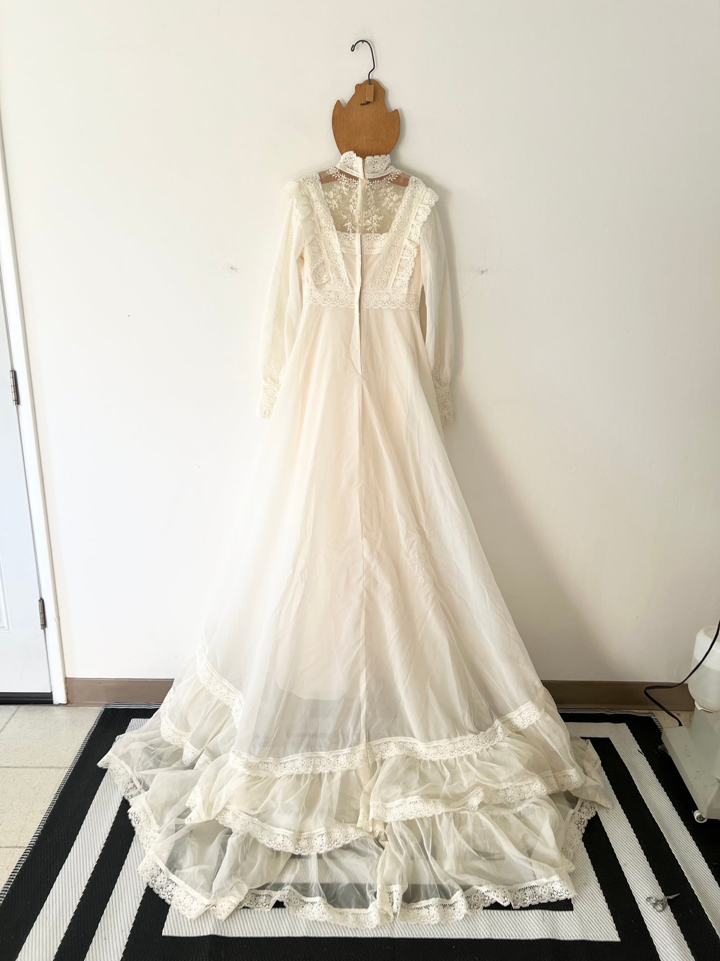 70s does Victorian Union Made beaded lace prairie wedding gown