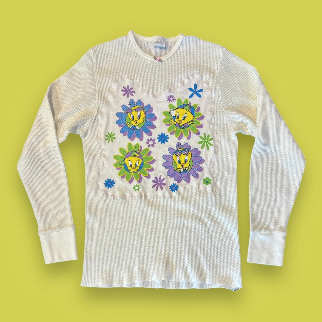 Reworked 70s white tweety patchwork thermal