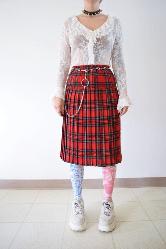 60s RED PLAID MIDI SKIRT - S/M