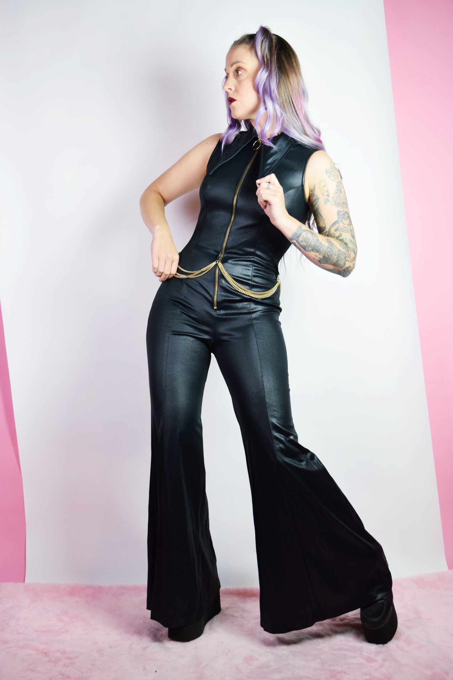 70s PLEATHER BELL BOTTOM JUMPSUIT - SMALL