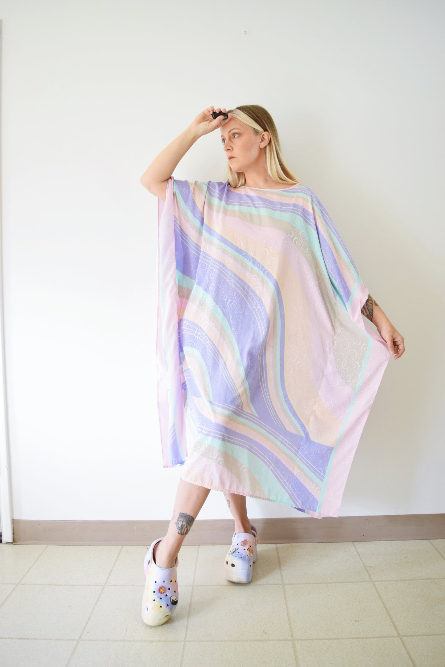 80s SILKY PASTEL CAFTAN - XL