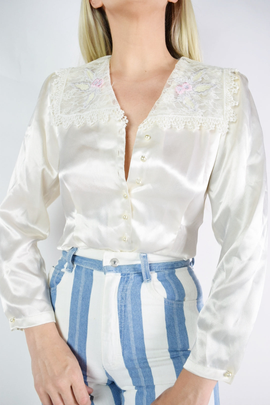 70s LACE COLLAR SILK BLOUSE - XS/S