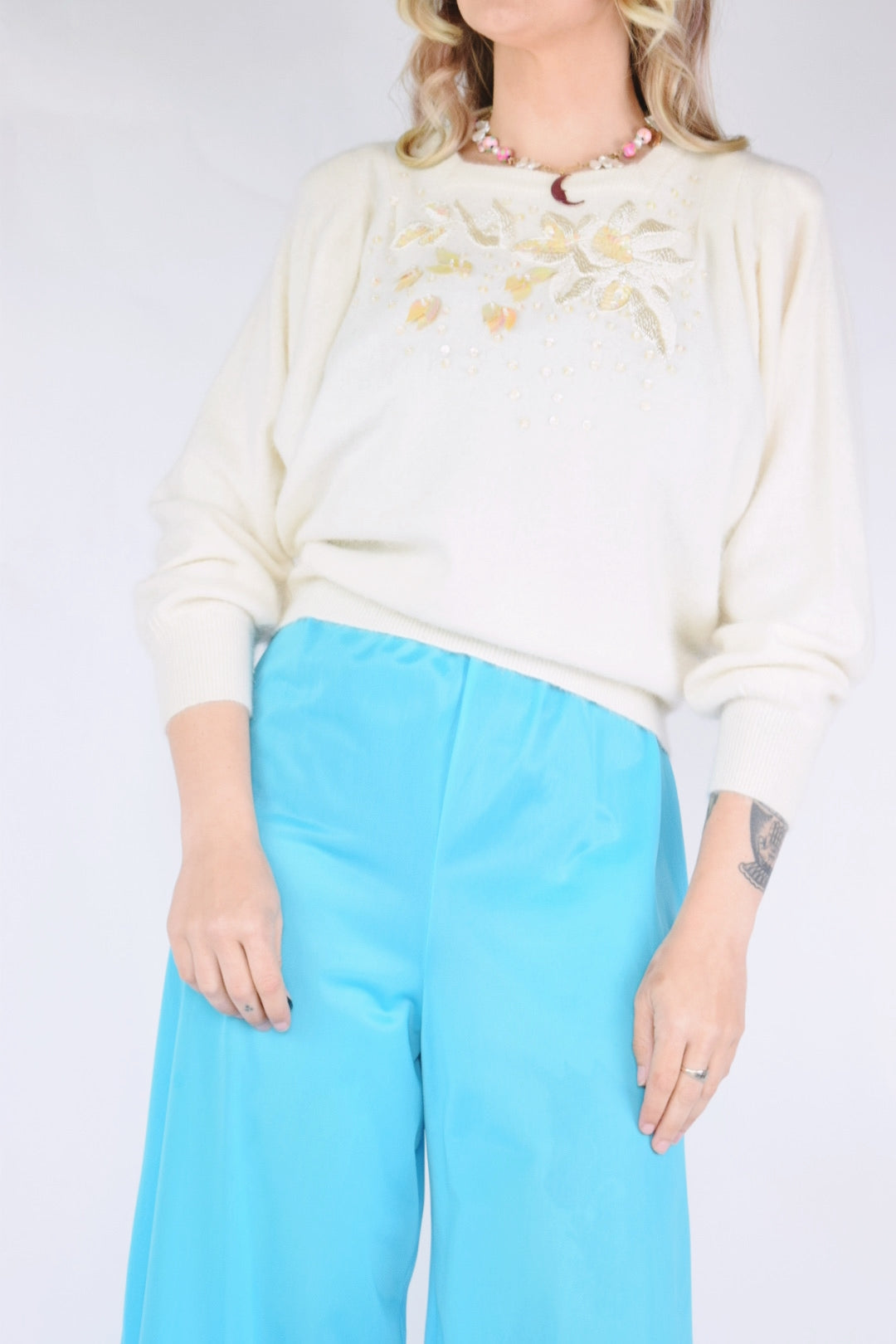 80s PASTEL SEQUIN BATWING SWEATER - M